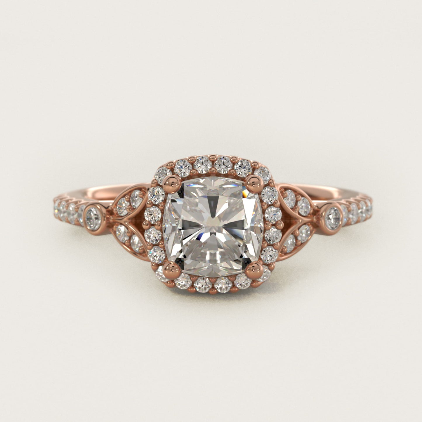 Petite PavŽ Leaf Halo Diamond Engagement Ring in 14k Rose Gold (1/4 ct. tw.) - Cushion Center