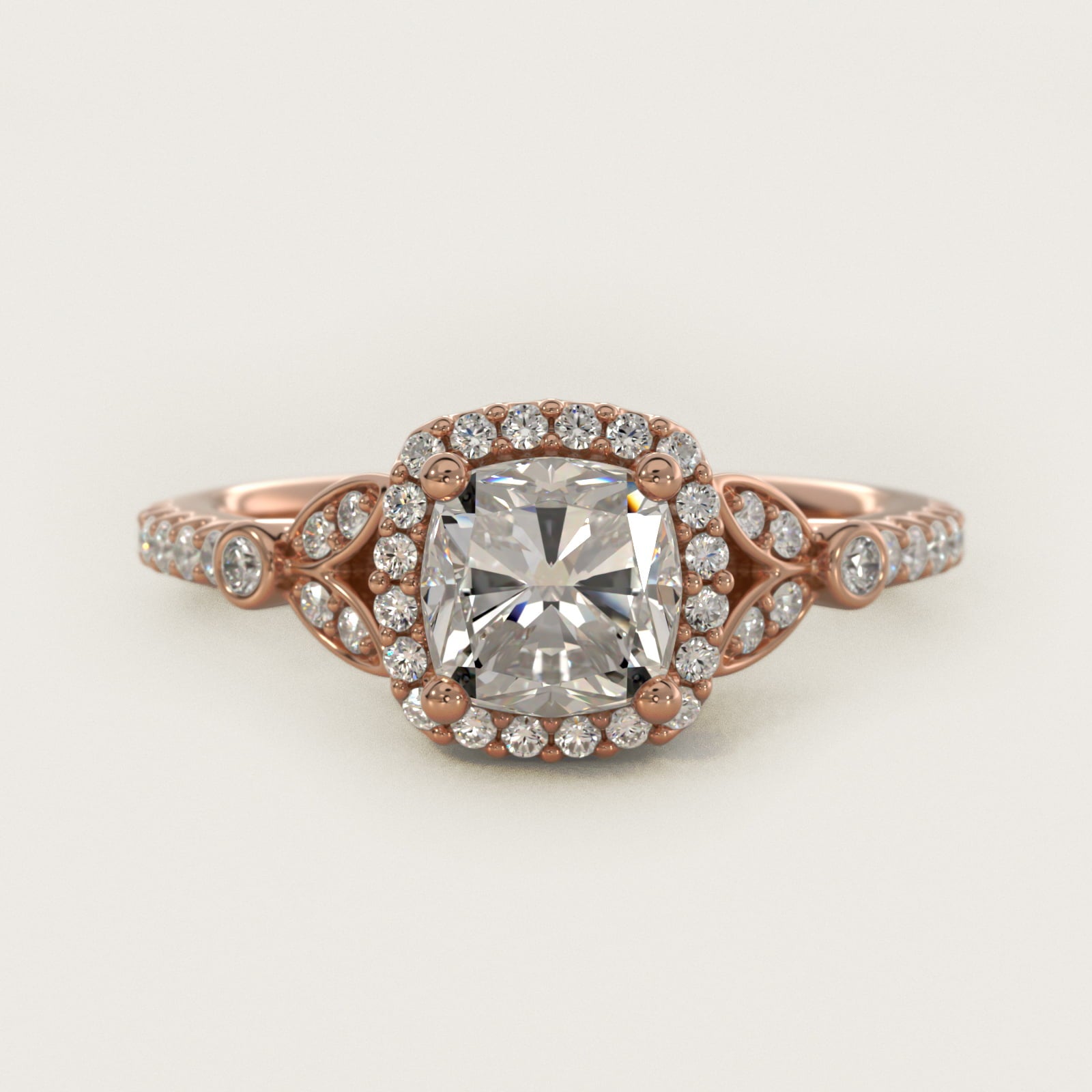 Petite Pav? Leaf Halo Diamond Engagement Ring in 18k Rose Gold (1/4 ct. tw.) - Cushion Center
