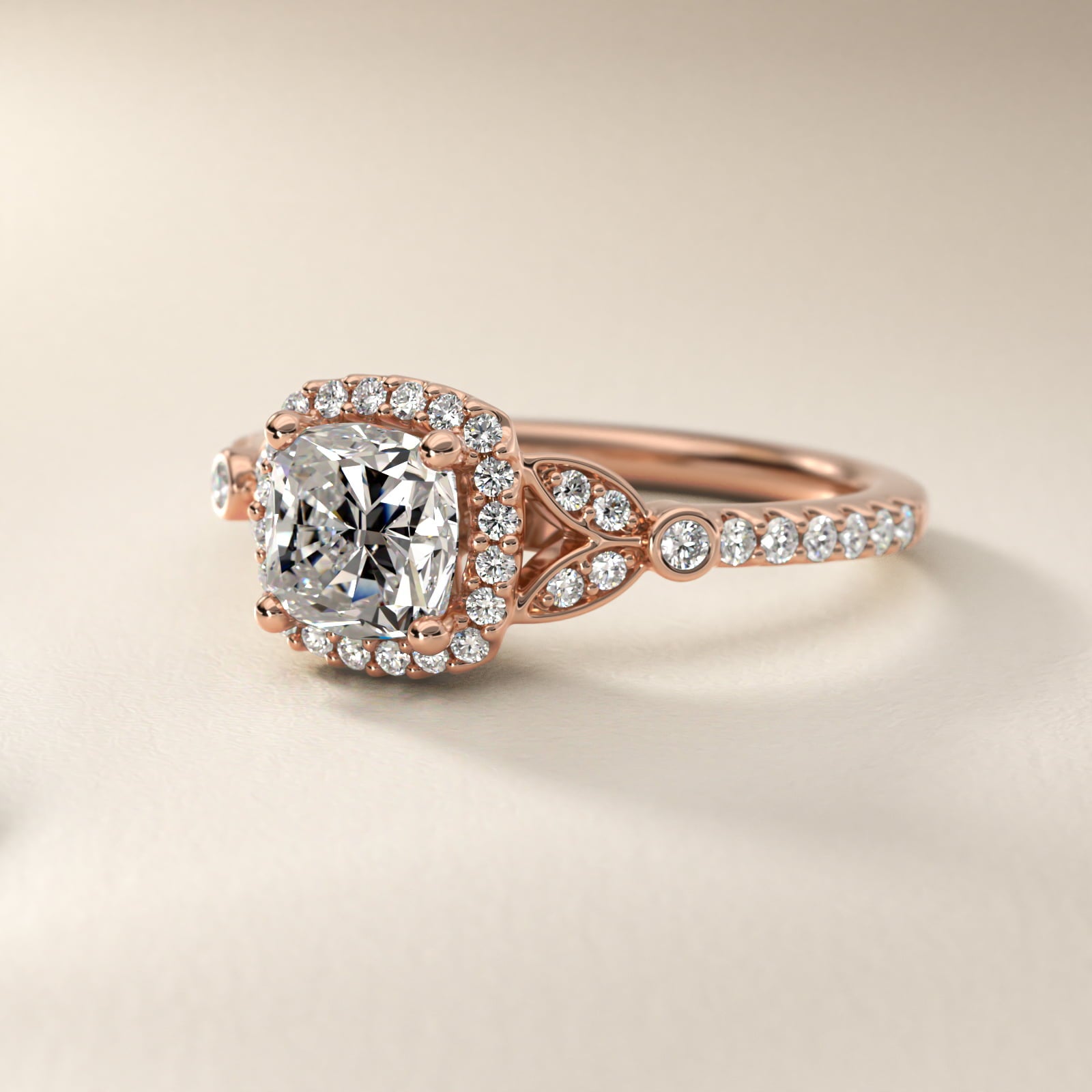 Petite PavŽ Leaf Halo Diamond Engagement Ring in 14k Rose Gold (1/4 ct. tw.) - Cushion Center