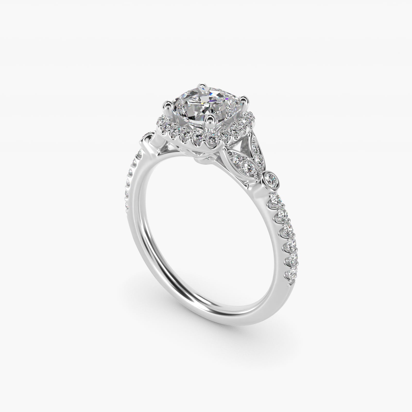 Petite Pav? Leaf Halo Diamond Engagement Ring in 18k White Gold (1/4 ct. tw.) - Cushion Center