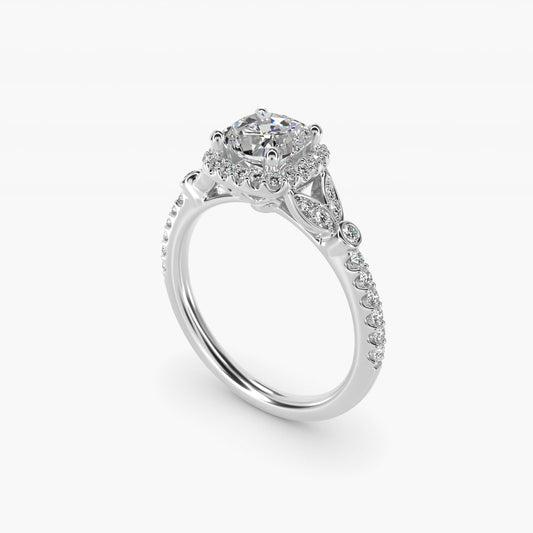 Petite Pav? Leaf Halo Diamond Engagement Ring in 18k White Gold (1/4 ct. tw.) - Cushion Center