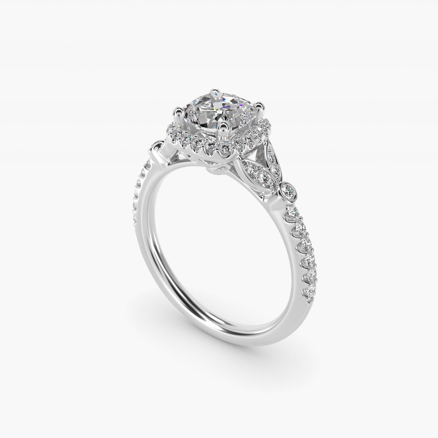 Petite PavŽ Leaf Halo Diamond Engagement Ring in 14k White Gold (1/4 ct. tw.) - Cushion Center