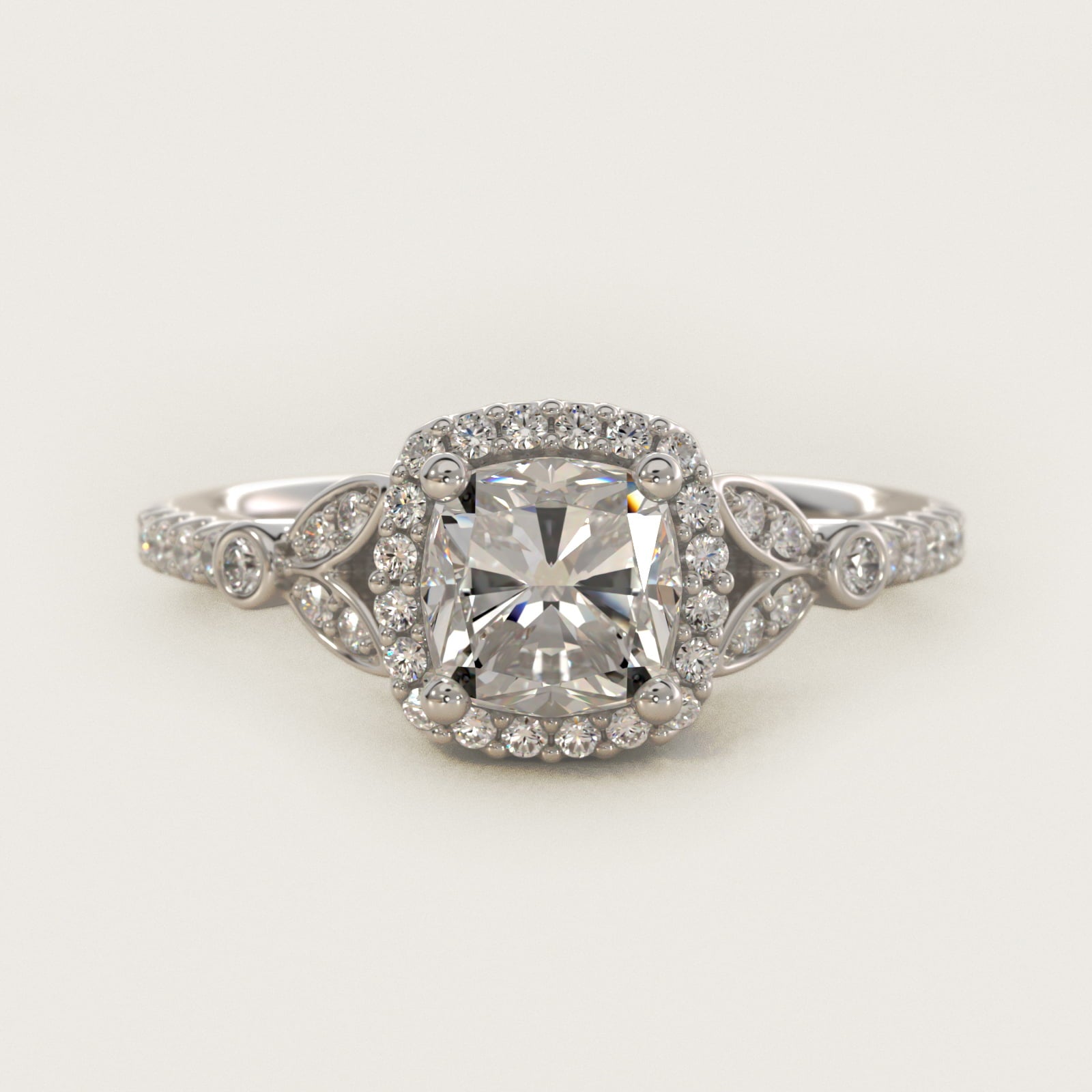 Petite Pav? Leaf Halo Diamond Engagement Ring in 18k White Gold (1/4 ct. tw.) - Cushion Center