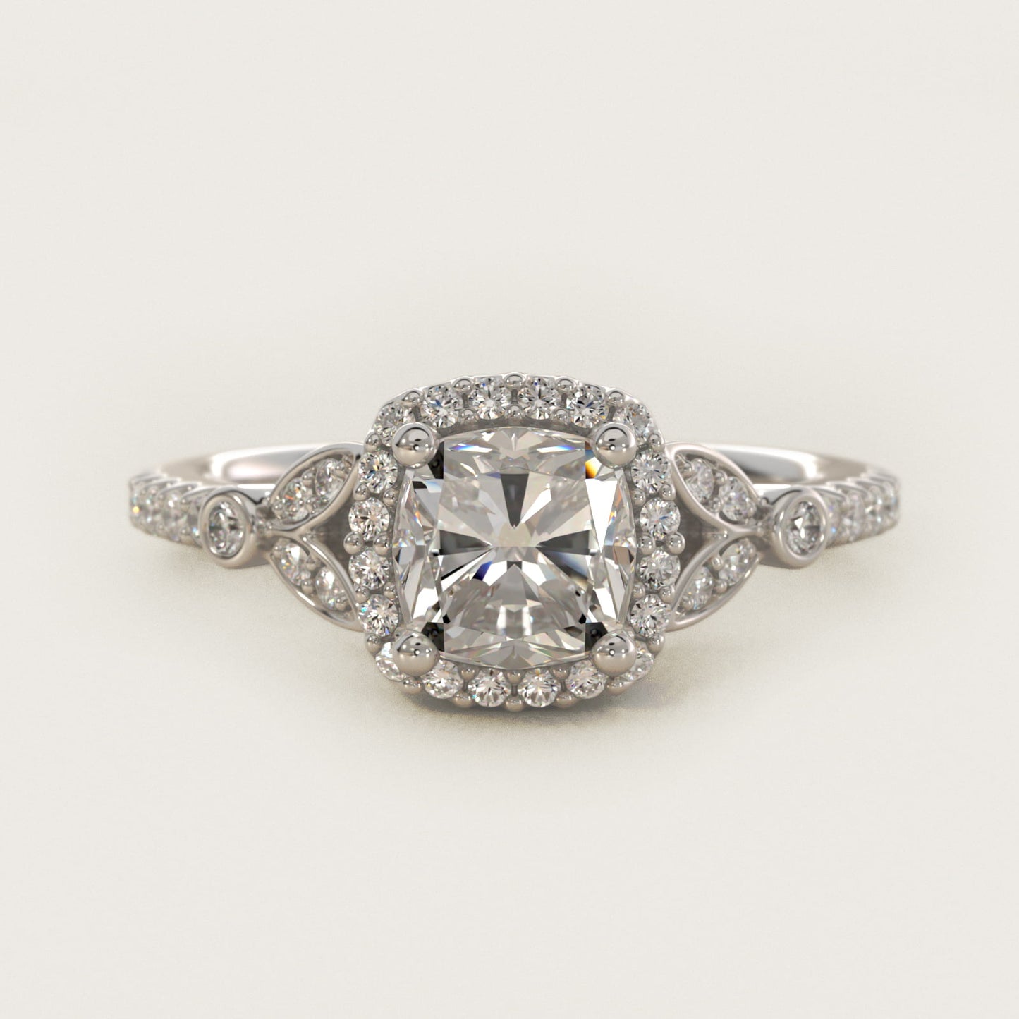 Petite PavŽ Leaf Halo Diamond Engagement Ring in 14k White Gold (1/4 ct. tw.) - Cushion Center