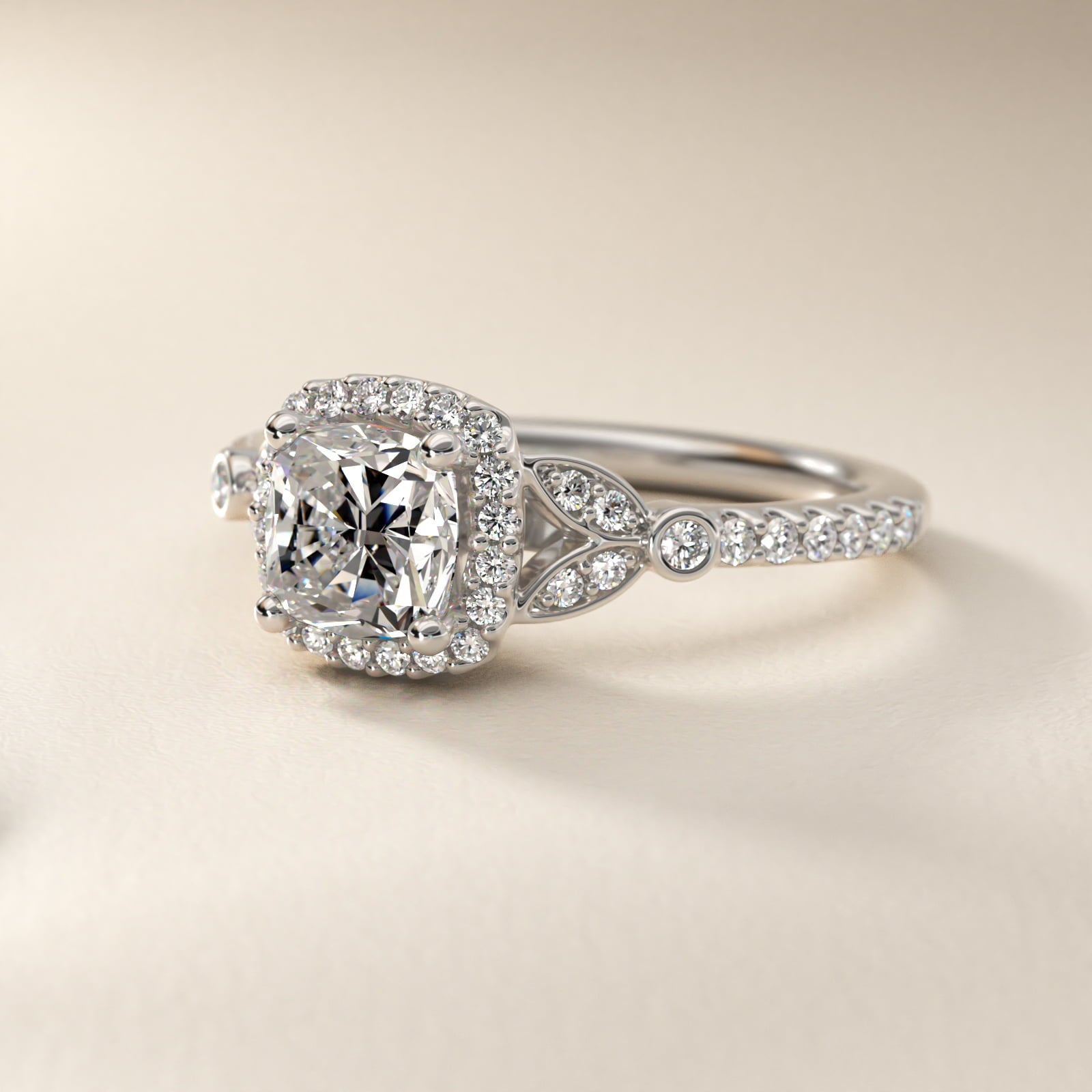 Petite PavŽ Leaf Halo Diamond Engagement Ring in 14k White Gold (1/4 ct. tw.) - Cushion Center