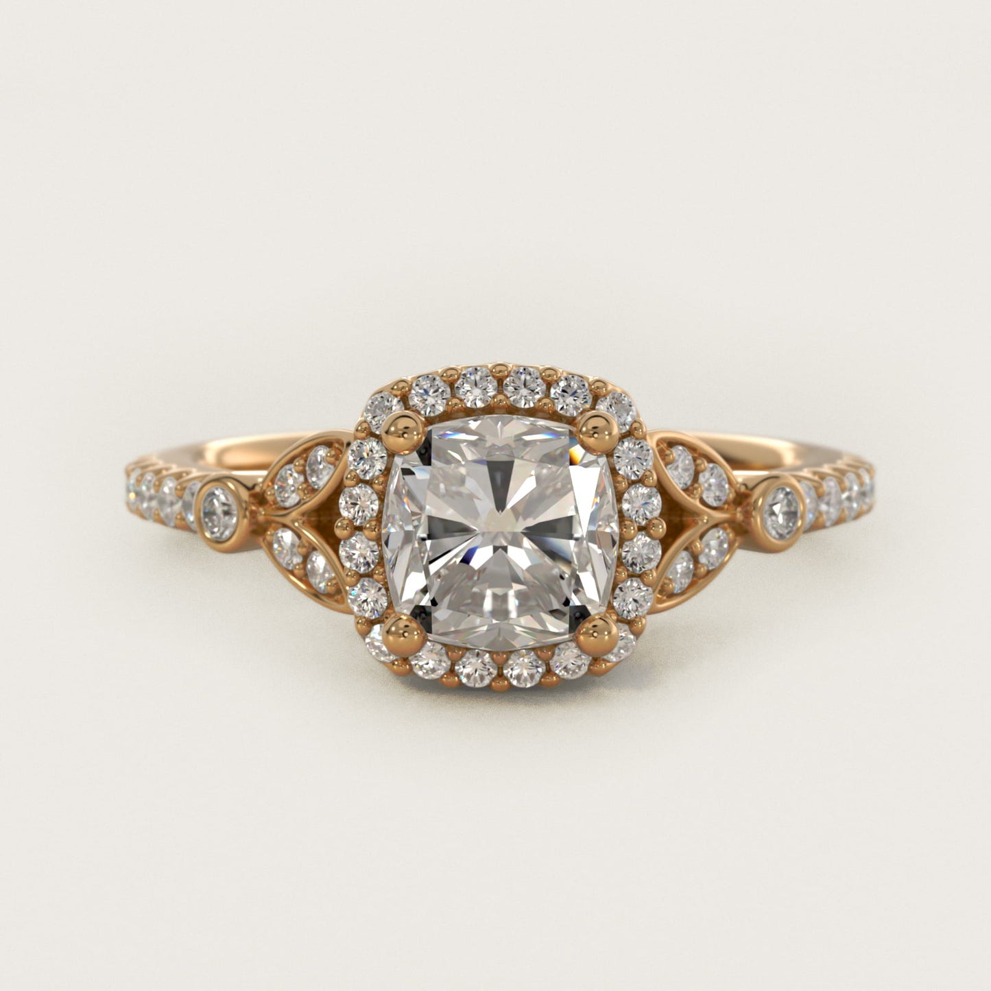 Petite Pav? Leaf Halo Diamond Engagement Ring in 18k Yellow Gold (1/4 ct. tw.) - Cushion Center