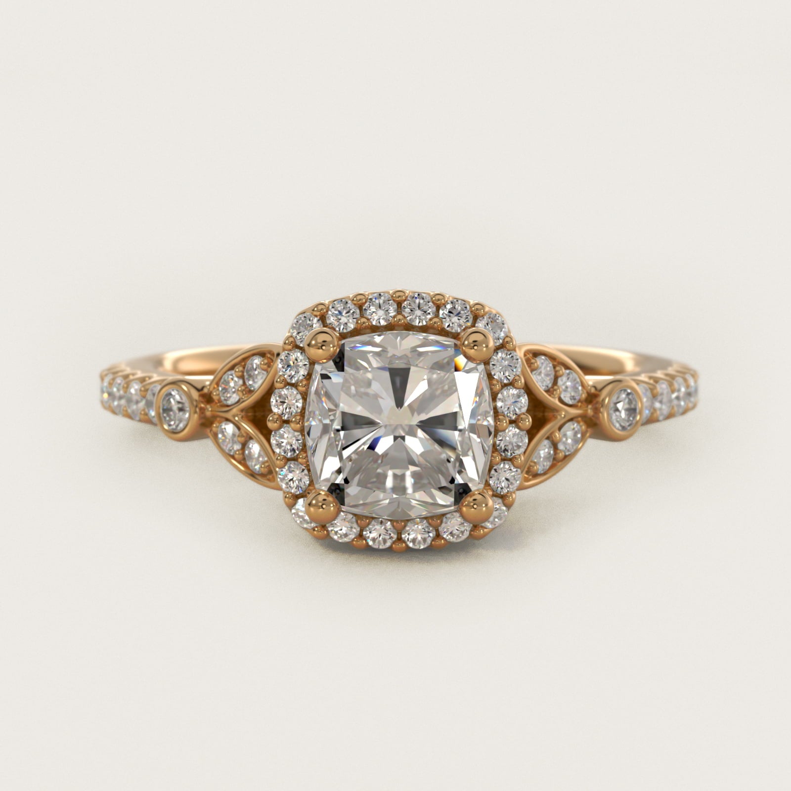 Petite Pav? Leaf Halo Diamond Engagement Ring in 18k Yellow Gold (1/4 ct. tw.) - Cushion Center