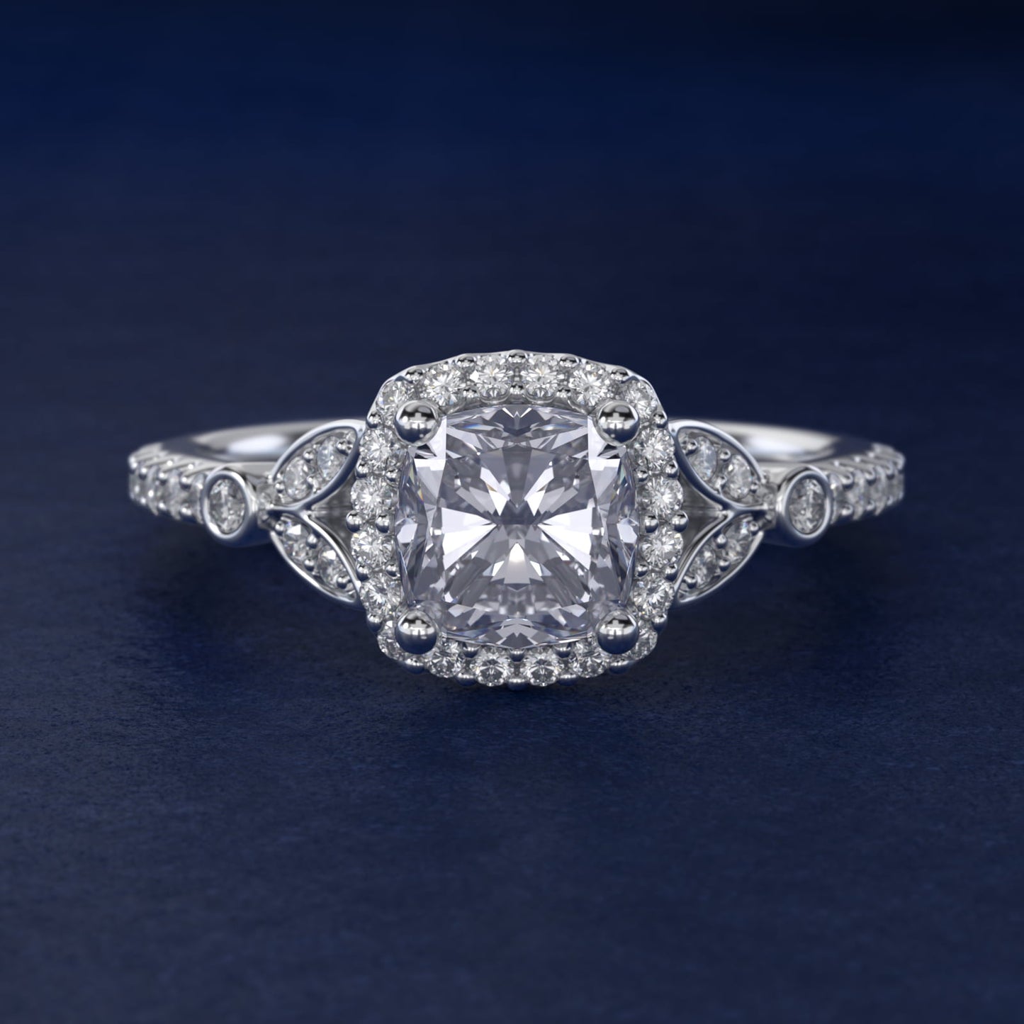 Petite Pav? Leaf Halo Diamond Engagement Ring in Platinum (1/4 ct. tw.) - Cushion Center
