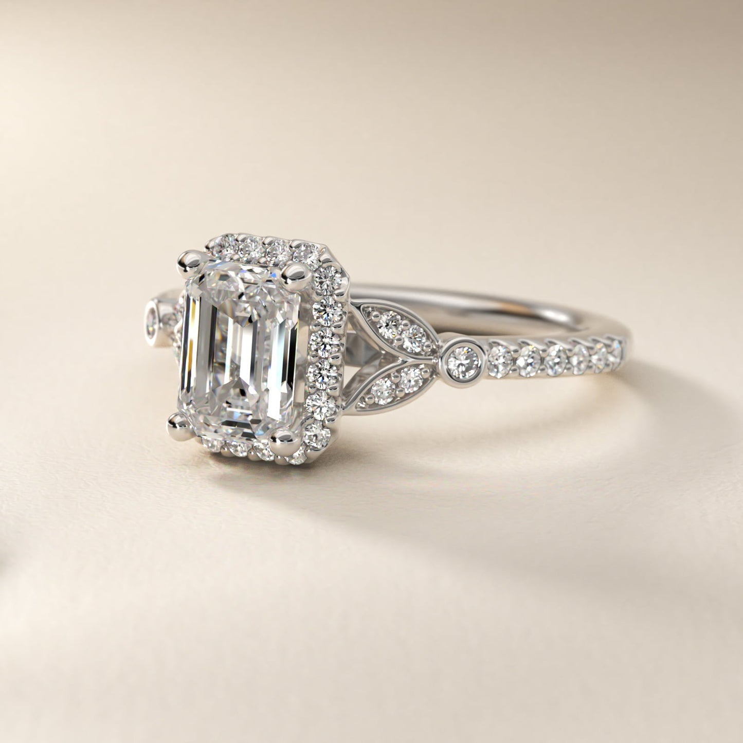 Petite PavŽ Leaf Halo Diamond Engagement Ring in 14k White Gold (1/4 ct. tw.) - Emerald Center