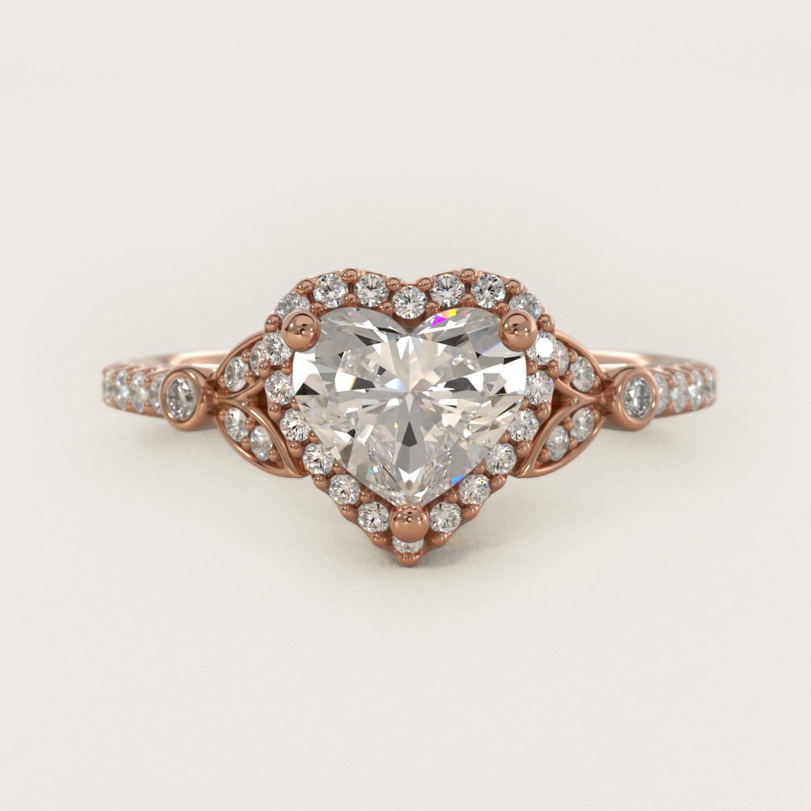 Petite Pav? Leaf Halo Diamond Engagement Ring in 18k Rose Gold (1/4 ct. tw.) - Heart Center
