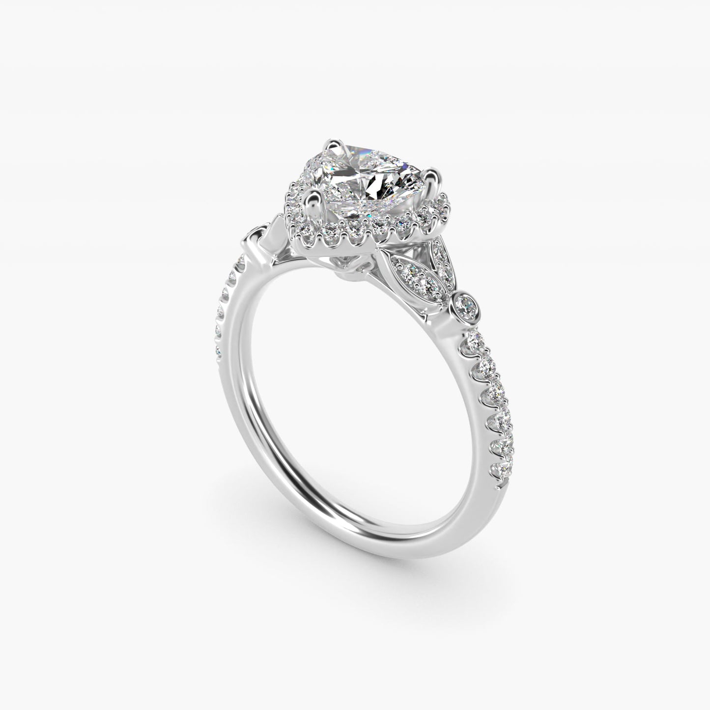 Petite PavŽ Leaf Halo Diamond Engagement Ring in 14k White Gold (1/4 ct. tw.) - Heart Center