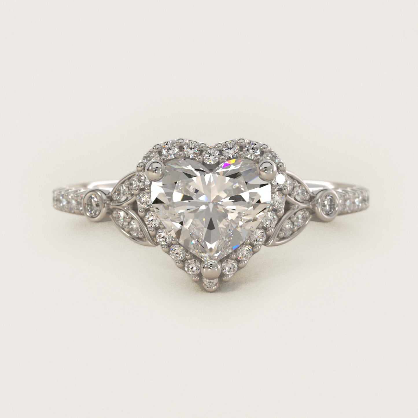 Petite Pav? Leaf Halo Diamond Engagement Ring in 18k White Gold (1/4 ct. tw.) - Heart Center