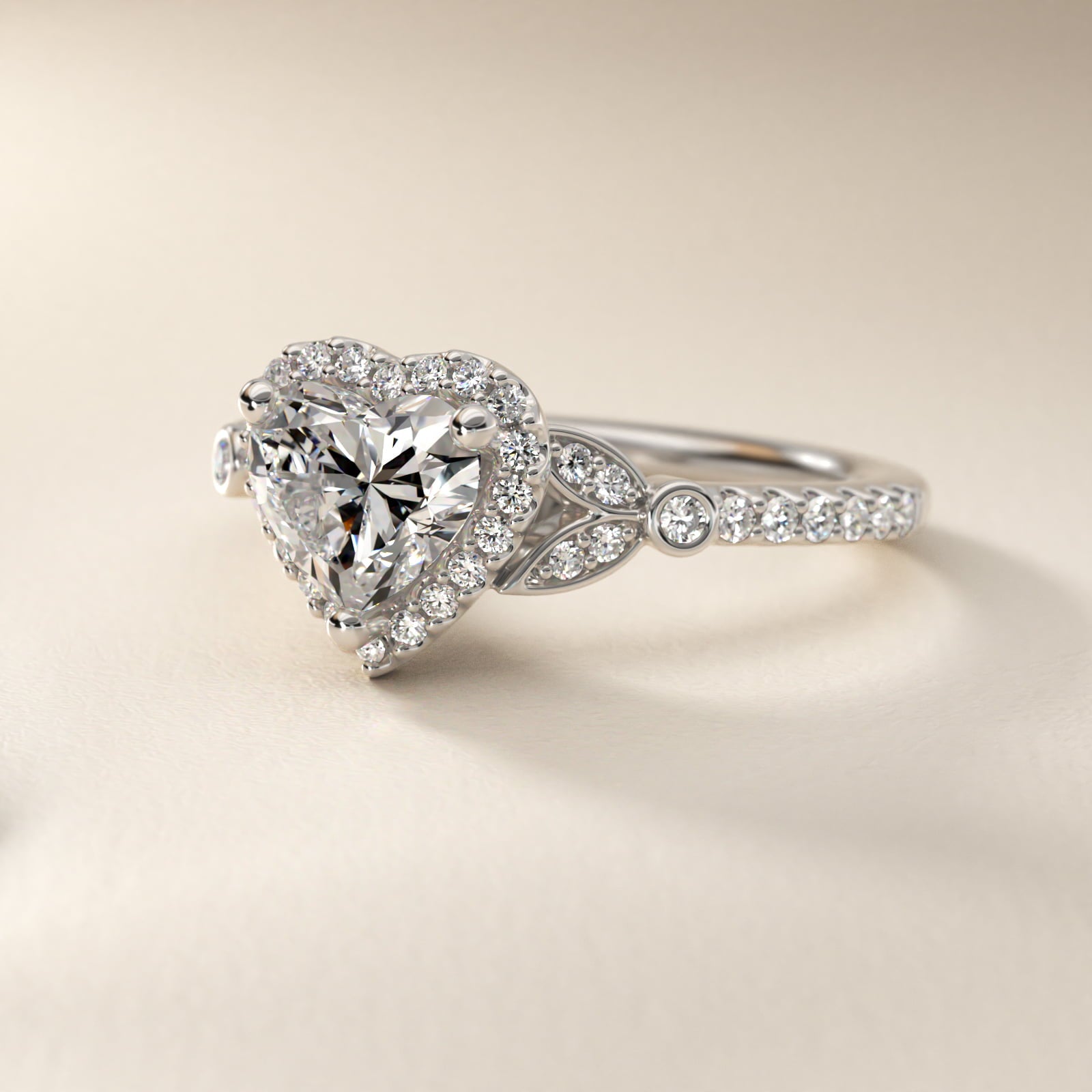 Petite PavŽ Leaf Halo Diamond Engagement Ring in 14k White Gold (1/4 ct. tw.) - Heart Center