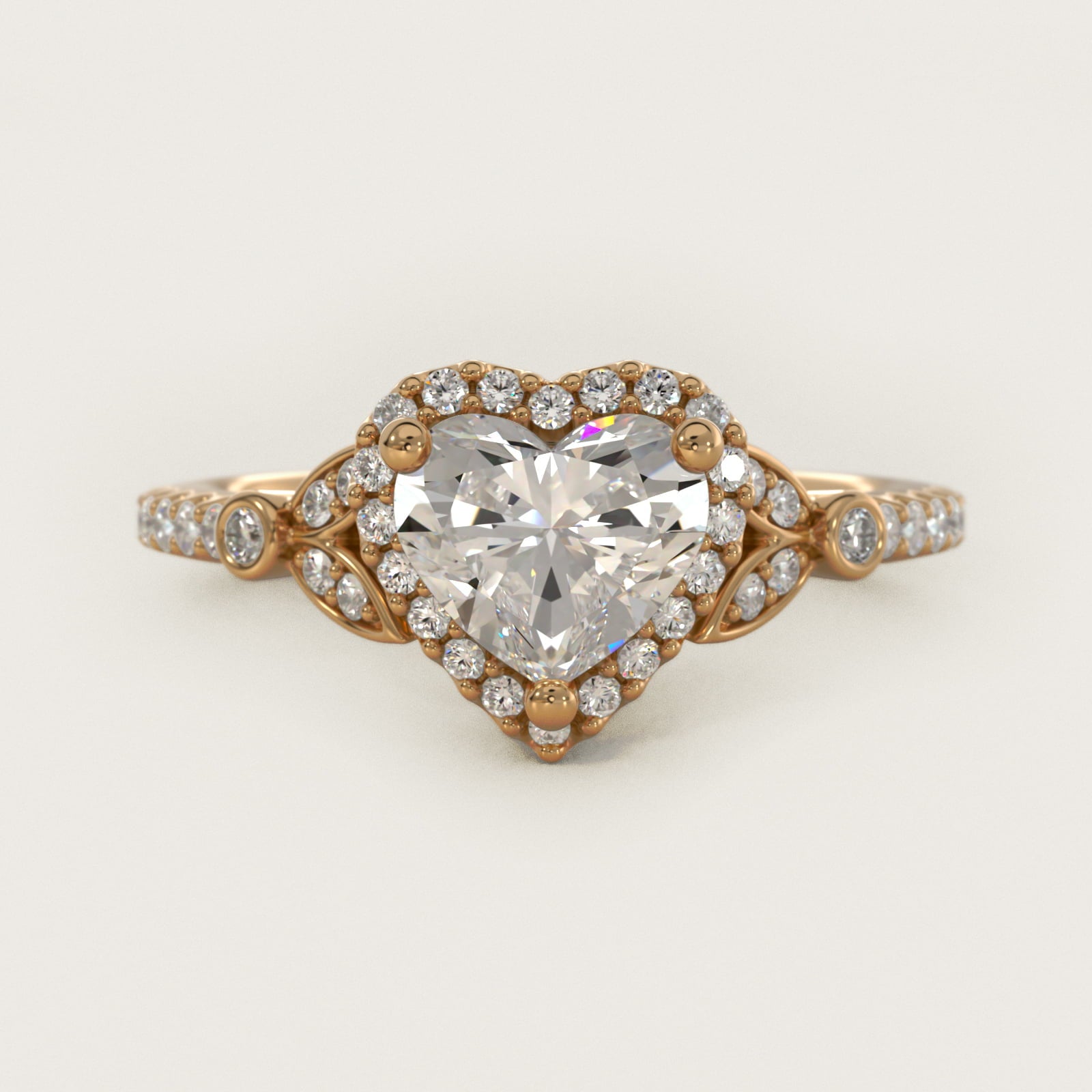Petite Pav? Leaf Halo Diamond Engagement Ring in 18k Yellow Gold (1/4 ct. tw.) - Heart Center