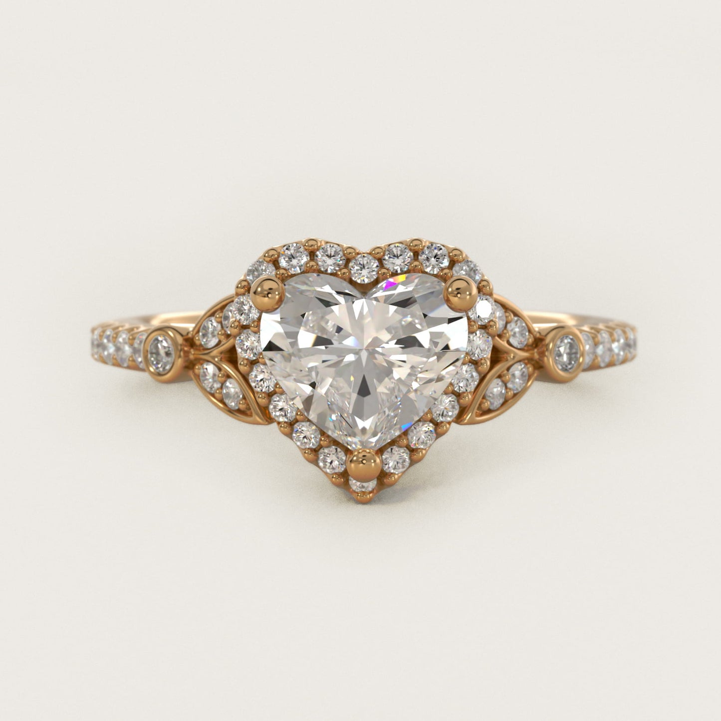 Petite PavŽ Leaf Halo Diamond Engagement Ring in 14k Yellow Gold (1/4 ct. tw.) - Heart Center