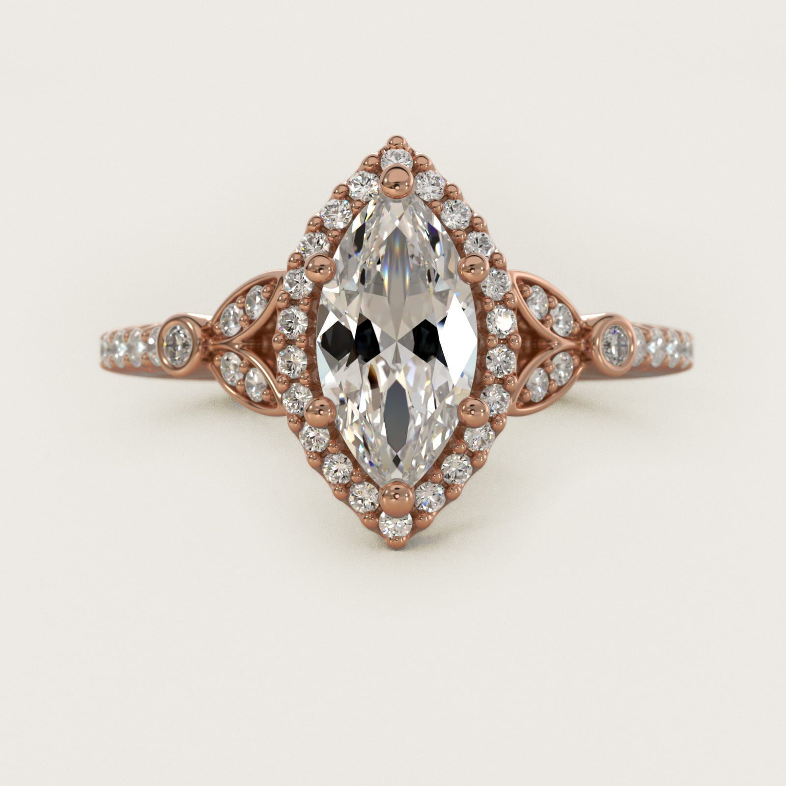 Petite Pav? Leaf Halo Diamond Engagement Ring in 18k Rose Gold (1/4 ct. tw.) - Marquise Center