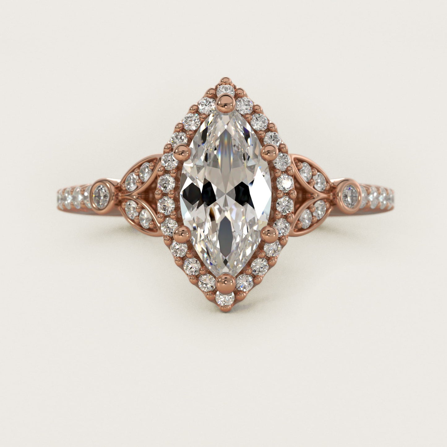 Petite PavŽ Leaf Halo Diamond Engagement Ring in 14k Rose Gold (1/4 ct. tw.) - Marquise Center