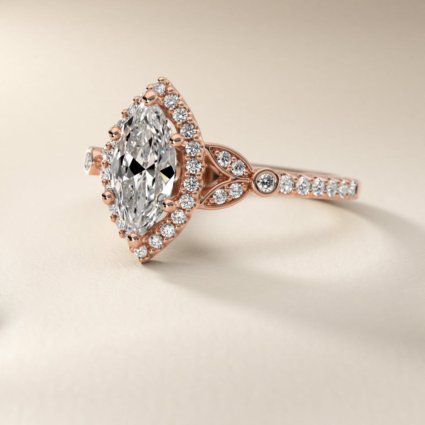Petite Pav? Leaf Halo Diamond Engagement Ring in 18k Rose Gold (1/4 ct. tw.) - Marquise Center