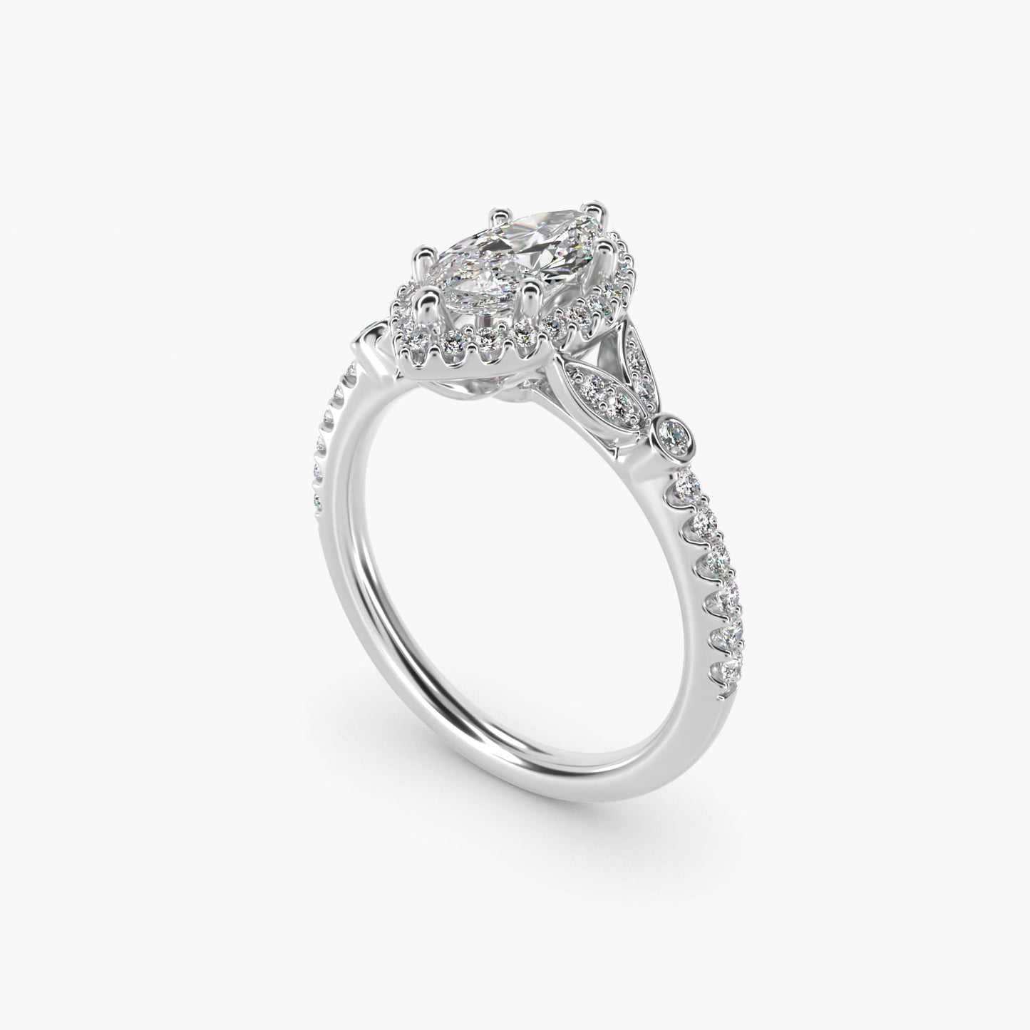 Petite Pav? Leaf Halo Diamond Engagement Ring in 18k White Gold (1/4 ct. tw.) - Marquise Center