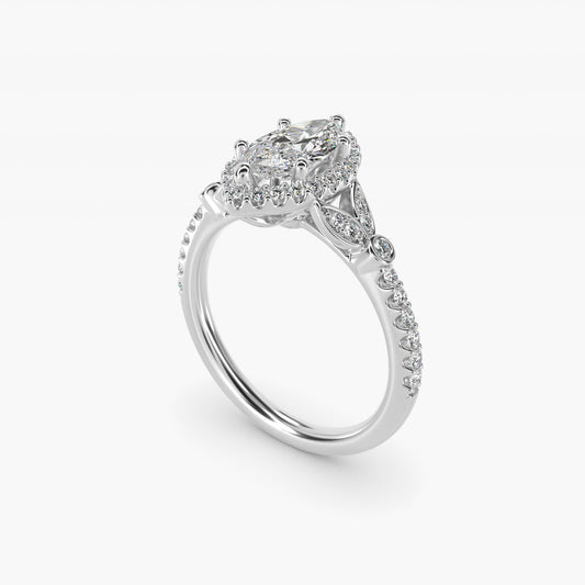 Petite Pav? Leaf Halo Diamond Engagement Ring in 18k White Gold (1/4 ct. tw.) - Marquise Center