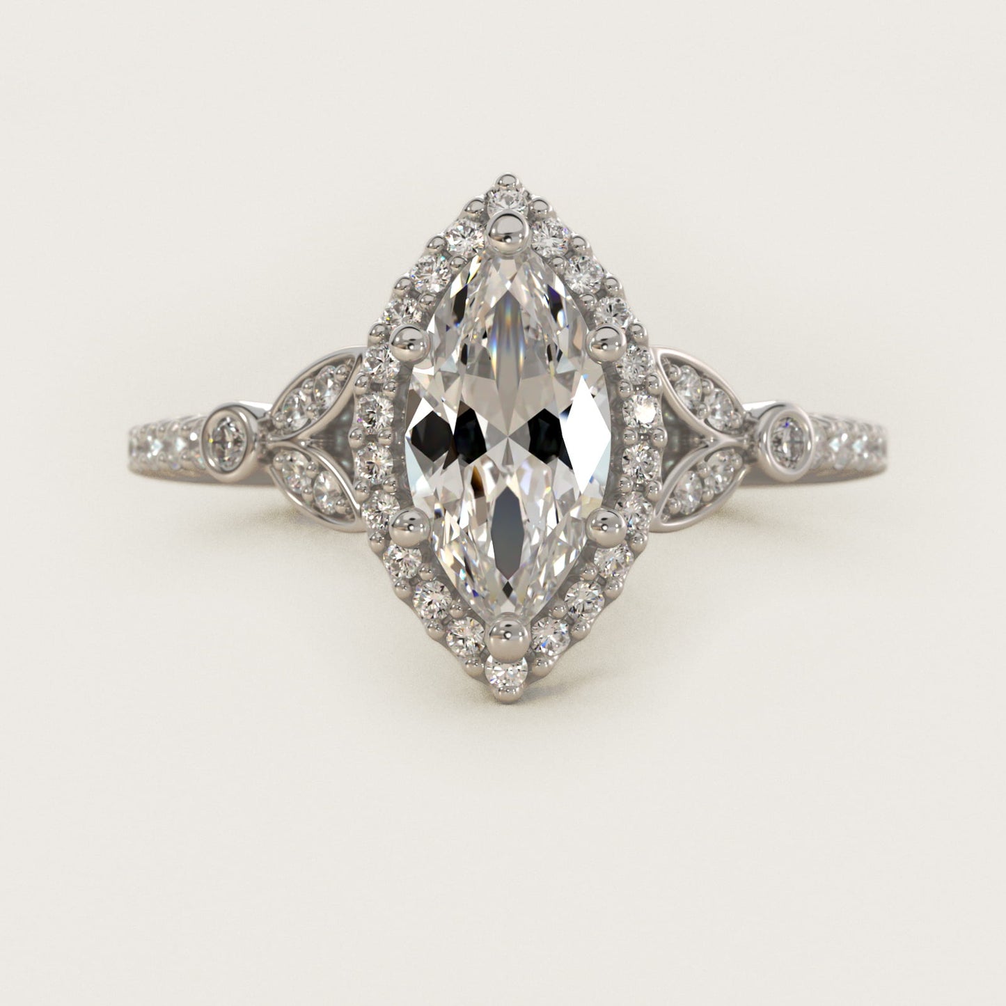 Petite Pav? Leaf Halo Diamond Engagement Ring in 18k White Gold (1/4 ct. tw.) - Marquise Center
