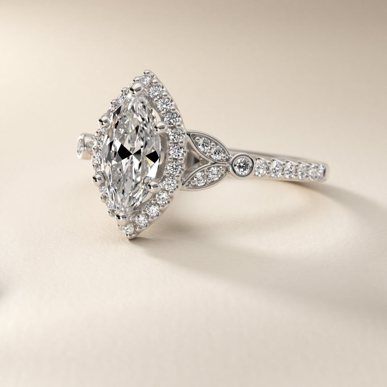 Petite PavŽ Leaf Halo Diamond Engagement Ring in 14k White Gold (1/4 ct. tw.) - Marquise Center