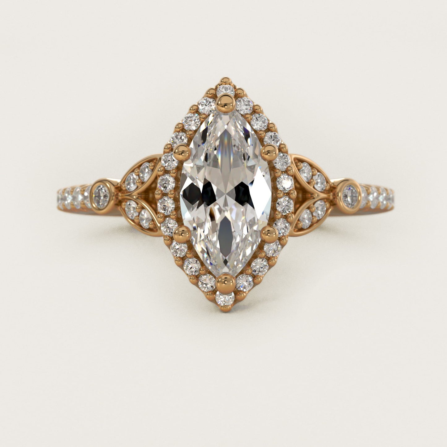 Petite Pav? Leaf Halo Diamond Engagement Ring in 18k Yellow Gold (1/4 ct. tw.) - Marquise Center