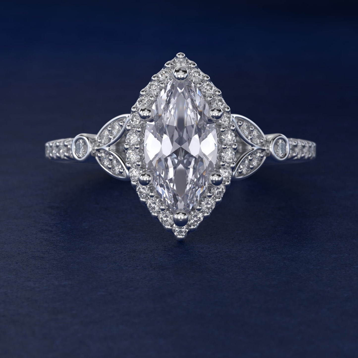Petite Pav? Leaf Halo Diamond Engagement Ring in Platinum (1/4 ct. tw.) - Marquise Center