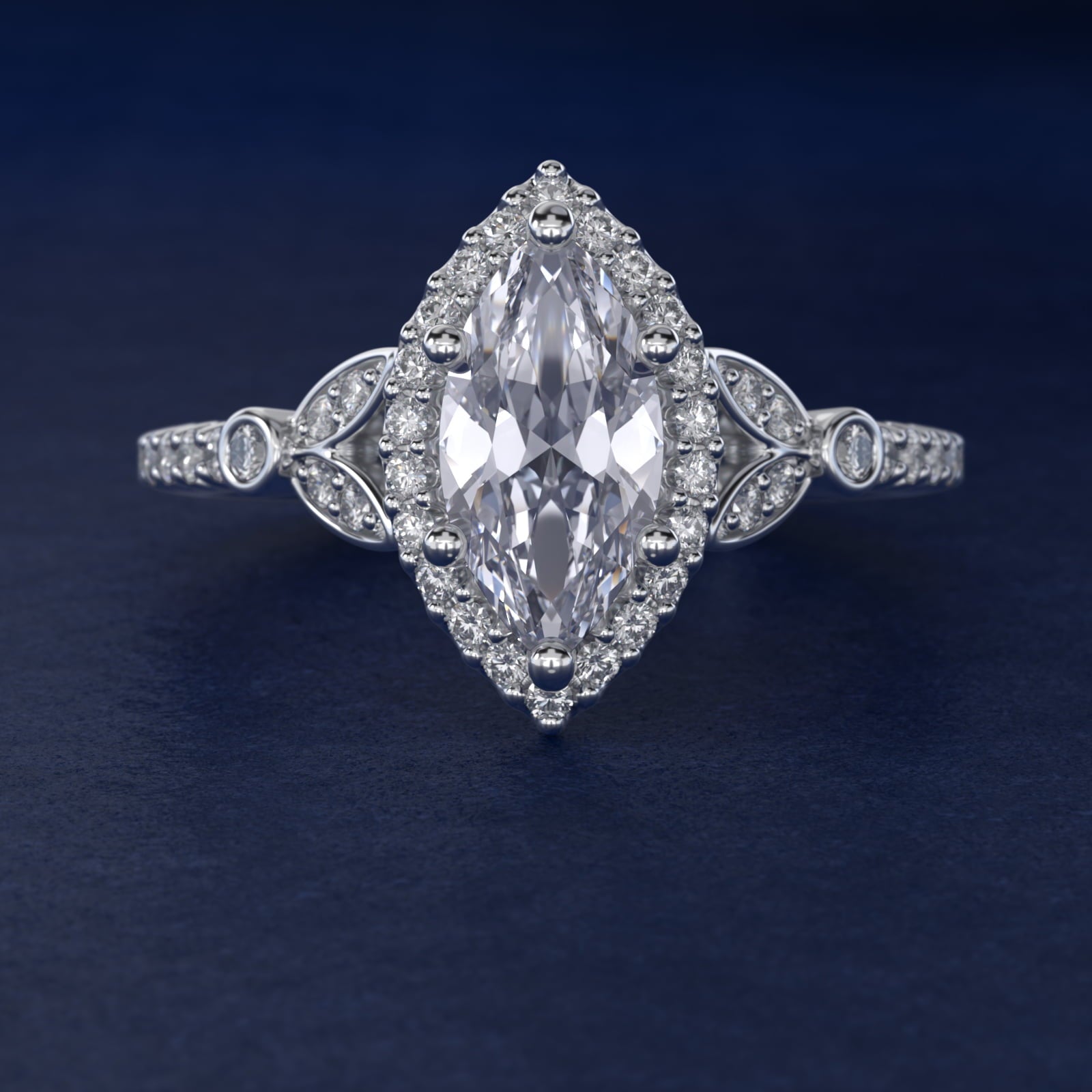 Petite Pav? Leaf Halo Diamond Engagement Ring in Platinum (1/4 ct. tw.) - Marquise Center