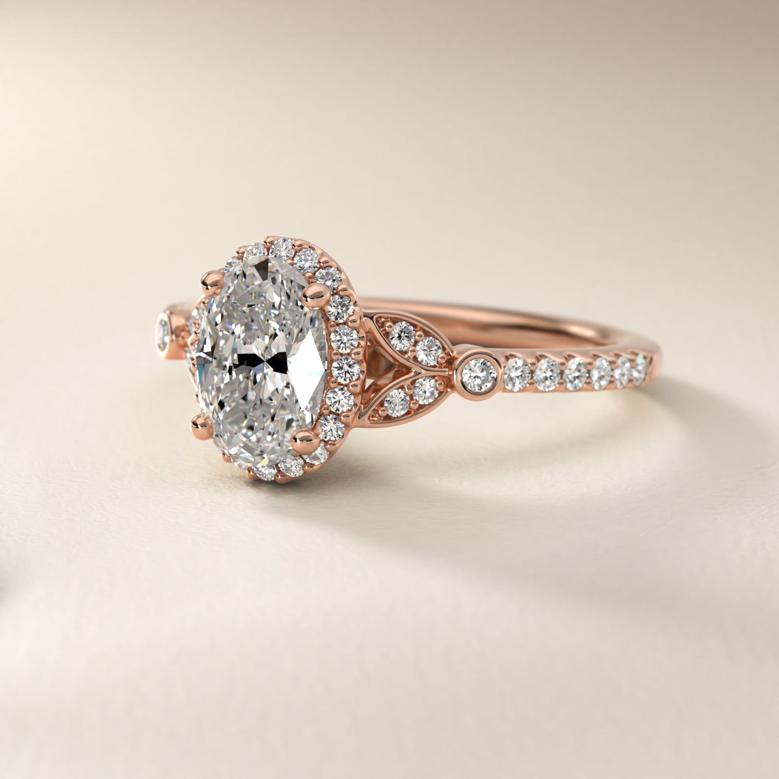 Petite PavŽ Leaf Halo Diamond Engagement Ring in 14k Rose Gold (1/4 ct. tw.) - Oval Center
