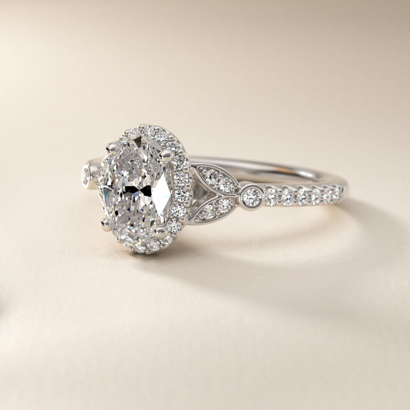 Petite PavŽ Leaf Halo Diamond Engagement Ring in 14k White Gold (1/4 ct. tw.) - Oval Center