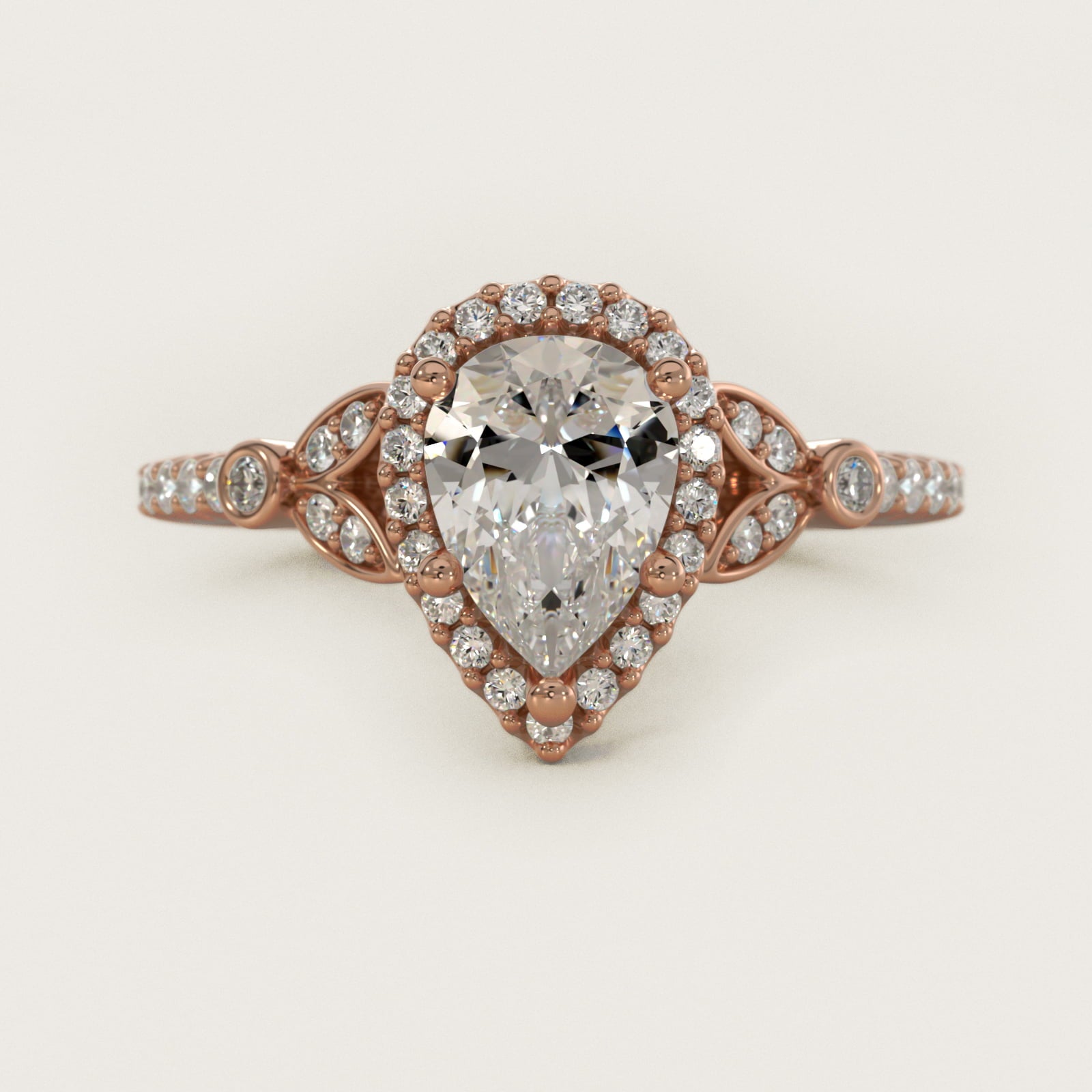 Petite PavŽ Leaf Halo Diamond Engagement Ring in 14k Rose Gold (1/4 ct. tw.) - Pear Center