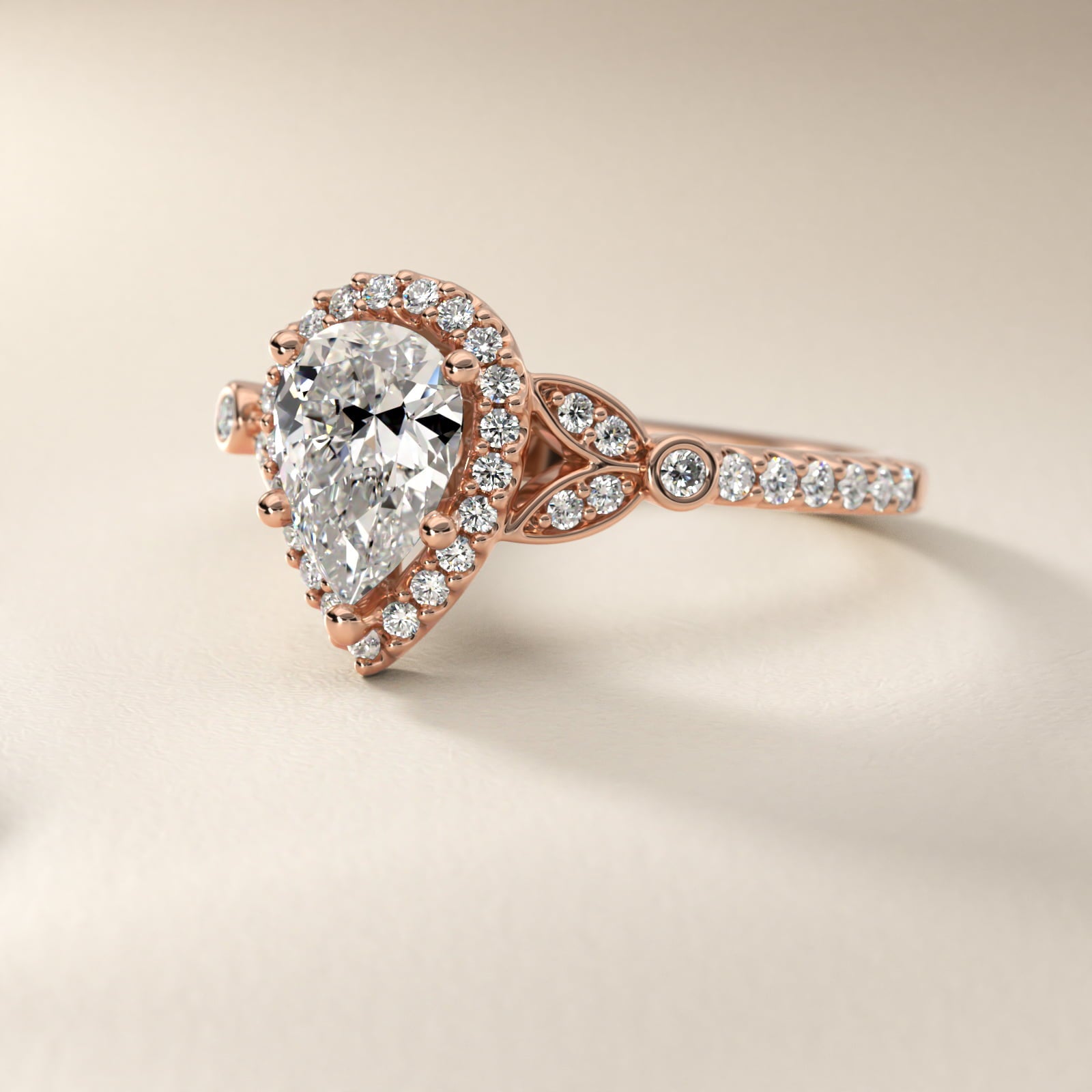 Petite PavŽ Leaf Halo Diamond Engagement Ring in 14k Rose Gold (1/4 ct. tw.) - Pear Center