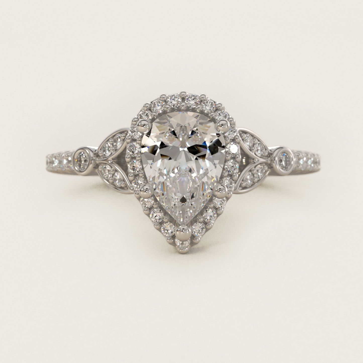 Petite PavŽ Leaf Halo Diamond Engagement Ring in 14k White Gold (1/4 ct. tw.) - Pear Center