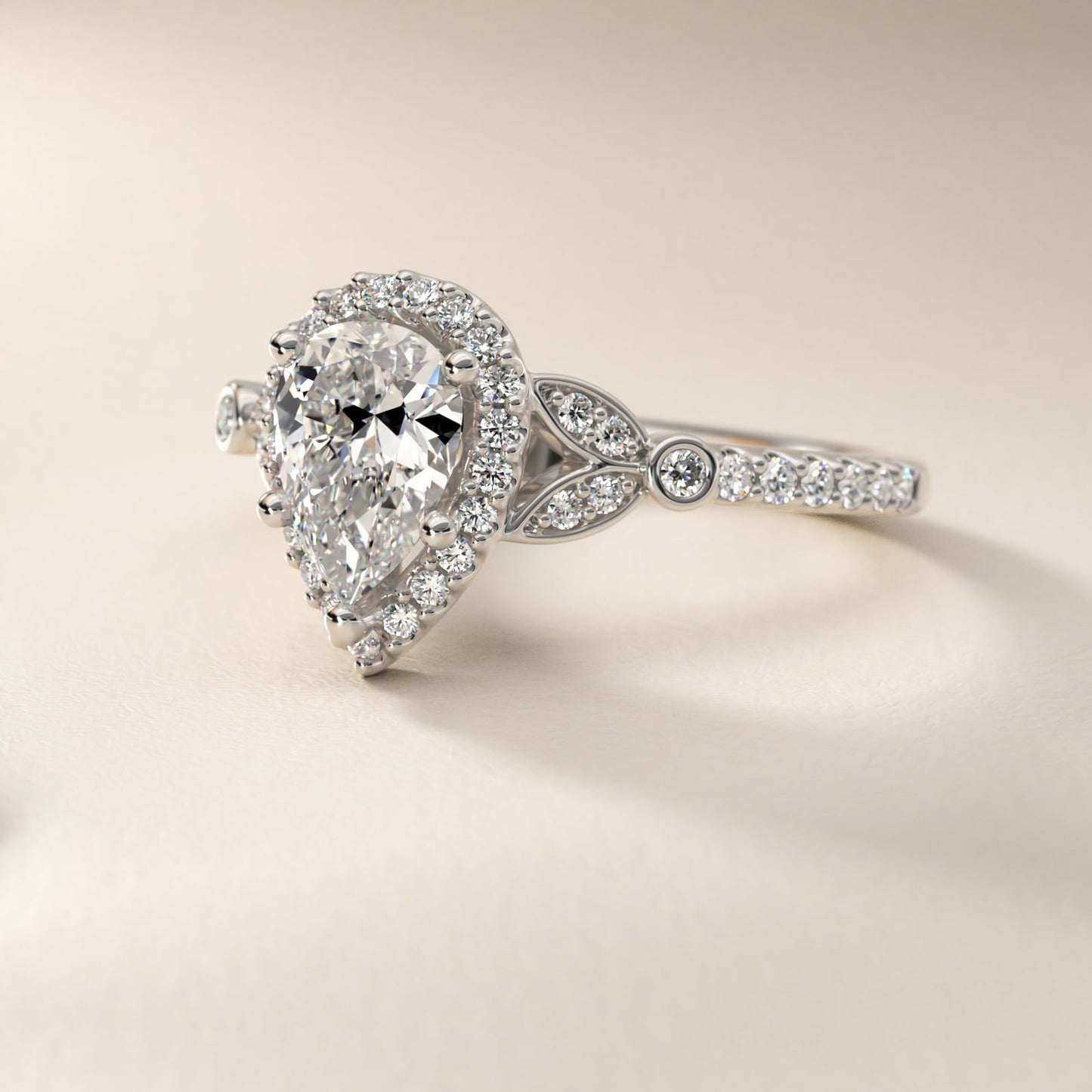 Petite PavŽ Leaf Halo Diamond Engagement Ring in 14k White Gold (1/4 ct. tw.) - Pear Center