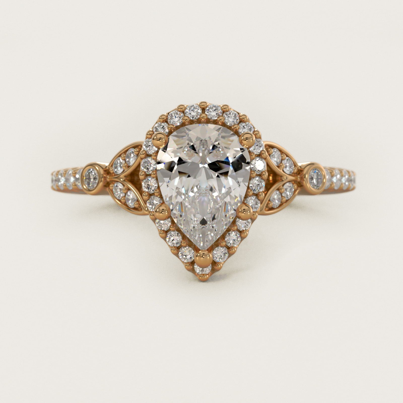 Petite PavŽ Leaf Halo Diamond Engagement Ring in 14k Yellow Gold (1/4 ct. tw.) - Pear Center