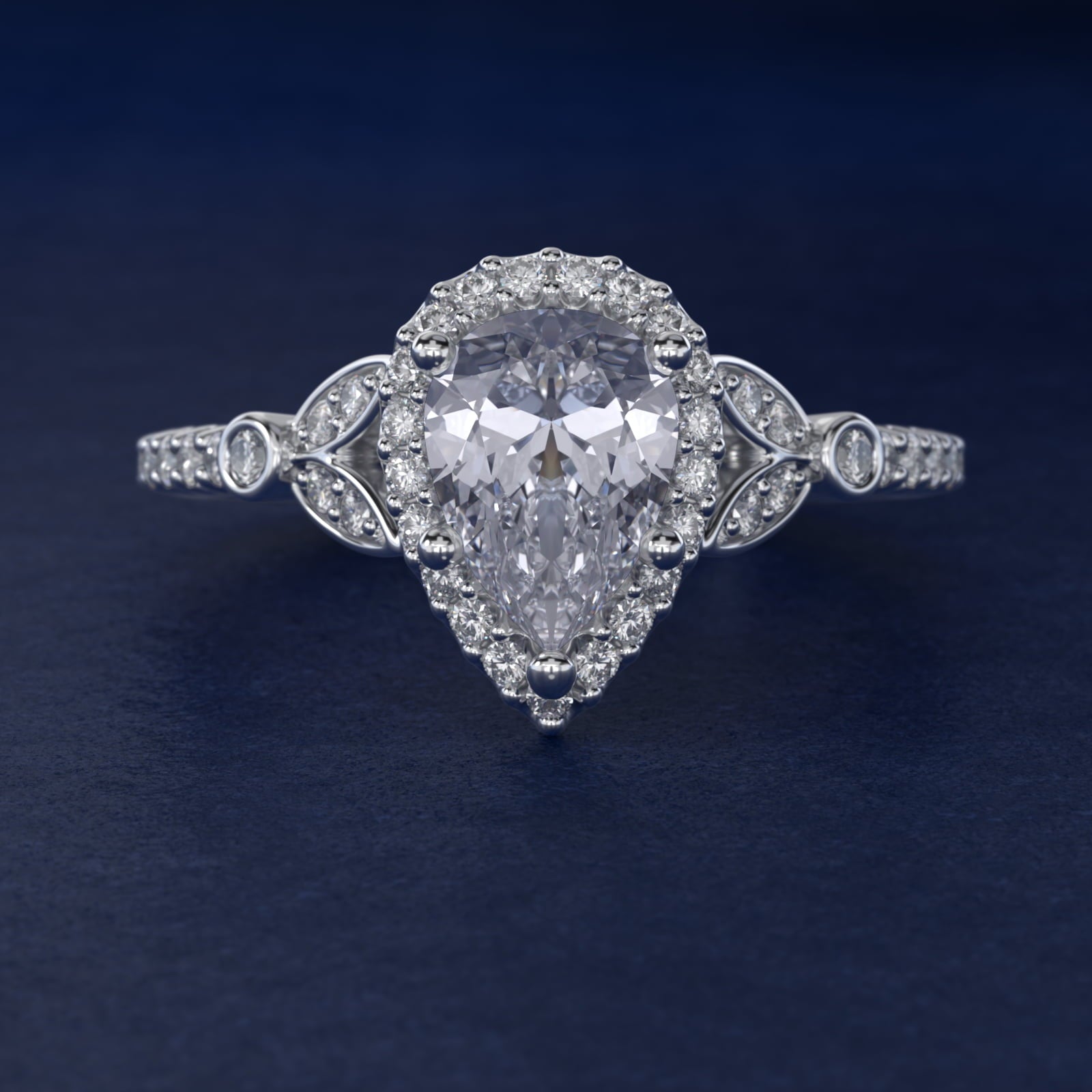 Petite Pav? Leaf Halo Diamond Engagement Ring in Platinum (1/4 ct. tw.) - Pear Center