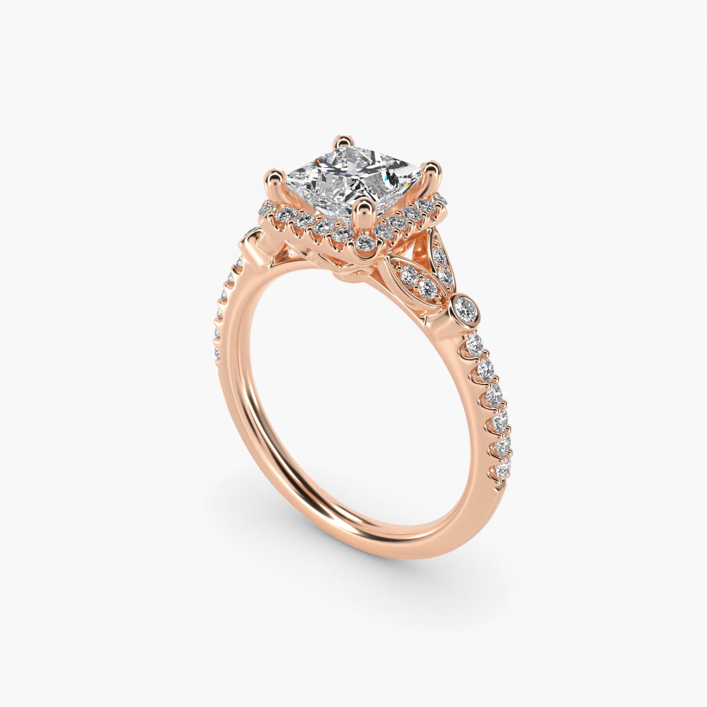 Petite PavŽ Leaf Halo Diamond Engagement Ring in 14k Rose Gold (1/4 ct. tw.) - Princess Center