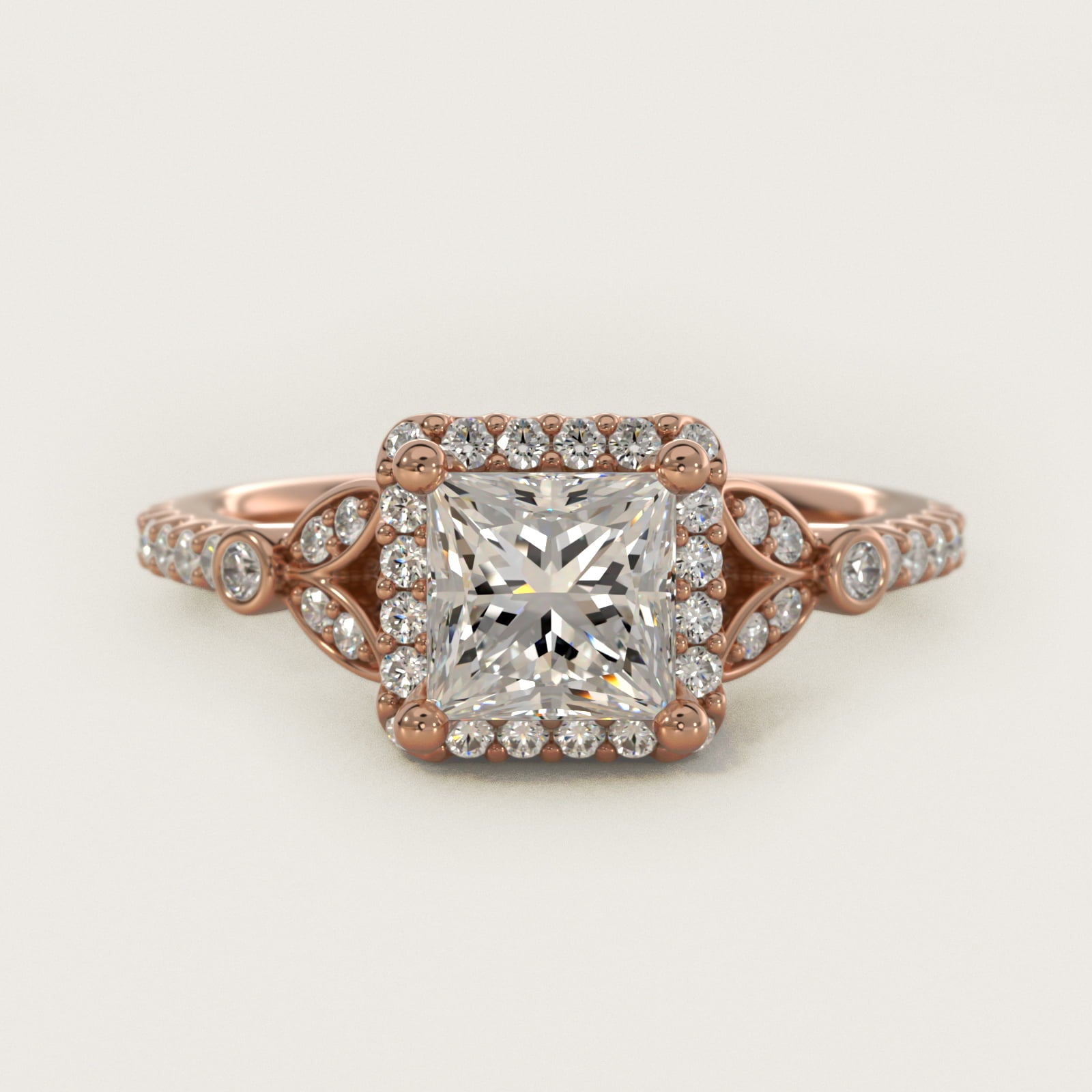 Petite Pav? Leaf Halo Diamond Engagement Ring in 18k Rose Gold (1/4 ct. tw.) - Princess Center