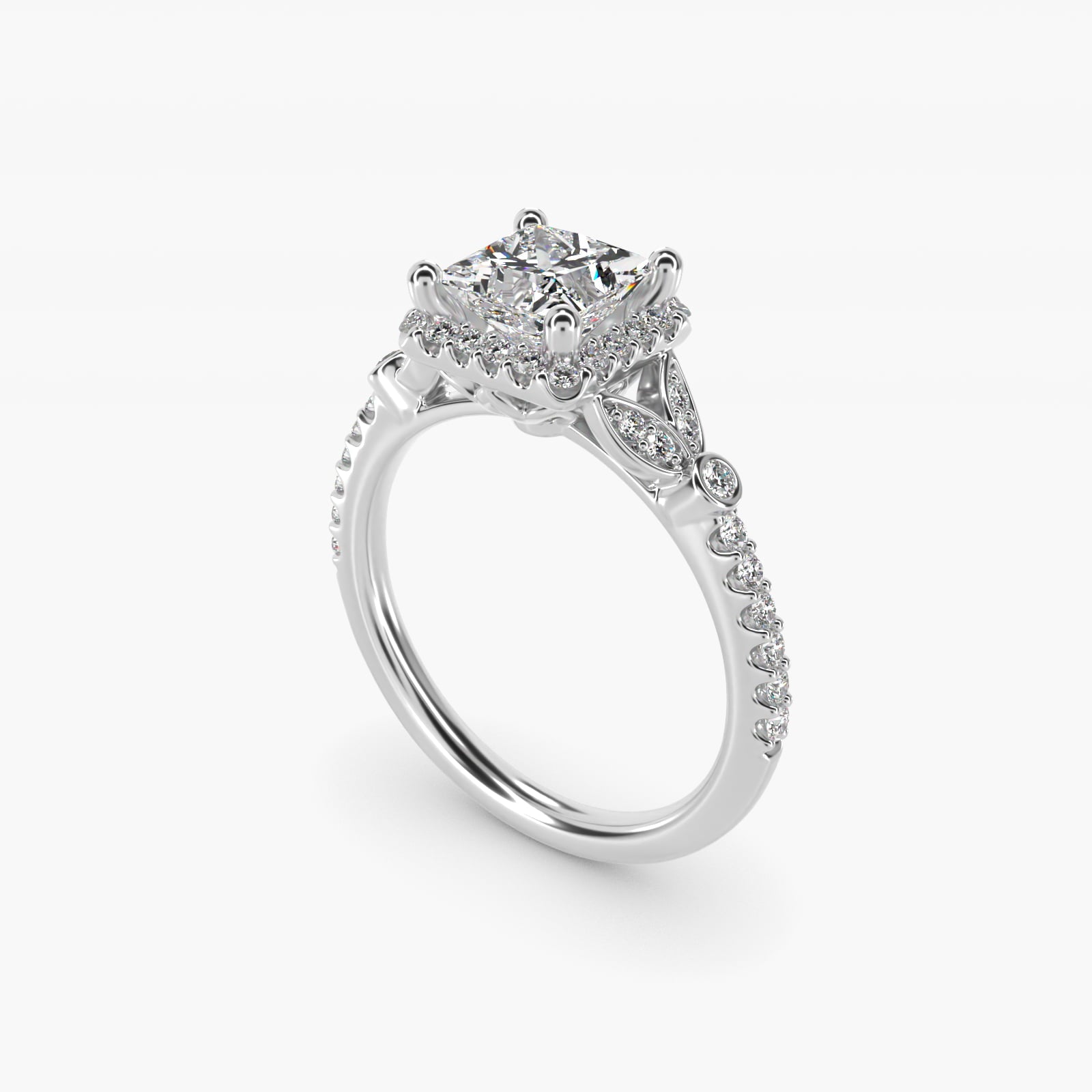 Petite PavŽ Leaf Halo Diamond Engagement Ring in 14k White Gold (1/4 ct. tw.) - Princess Center