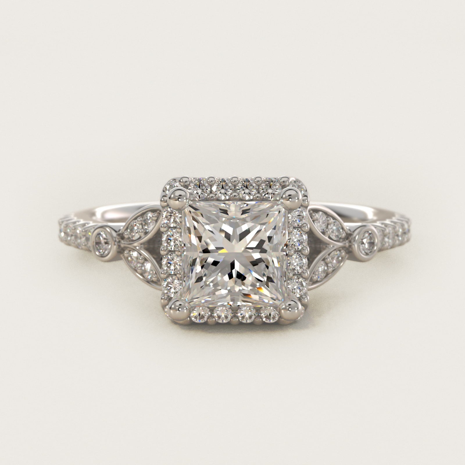 Petite PavŽ Leaf Halo Diamond Engagement Ring in 14k White Gold (1/4 ct. tw.) - Princess Center