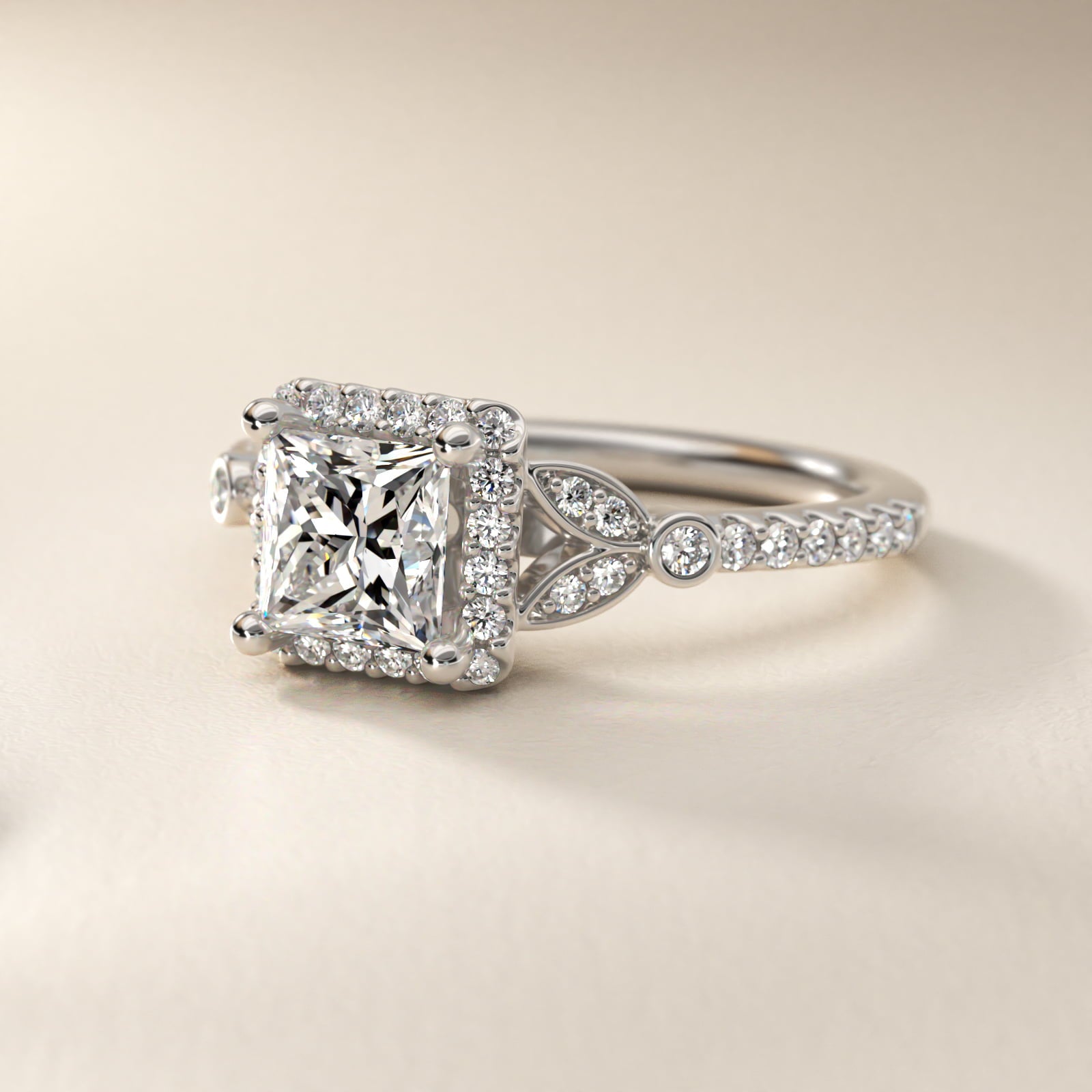 Petite Pav? Leaf Halo Diamond Engagement Ring in 18k White Gold (1/4 ct. tw.) - Princess Center