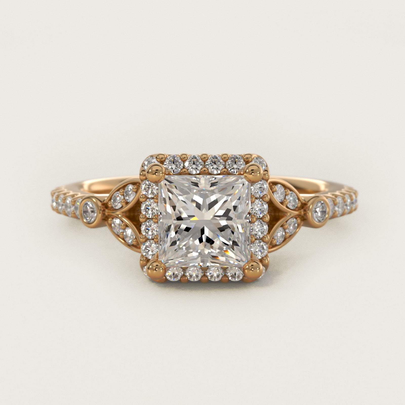 Petite Pav? Leaf Halo Diamond Engagement Ring in 18k Yellow Gold (1/4 ct. tw.) - Princess Center