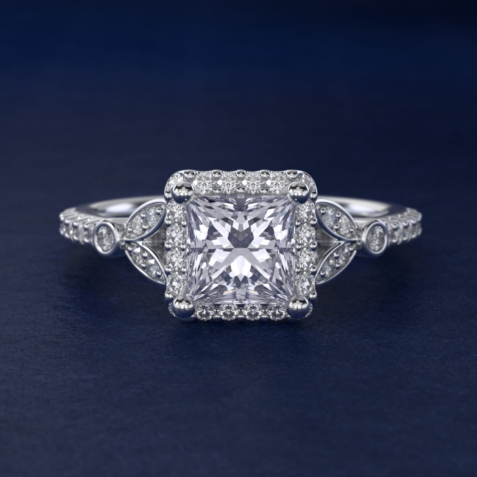 Petite Pav? Leaf Halo Diamond Engagement Ring in Platinum (1/4 ct. tw.) - Princess Center
