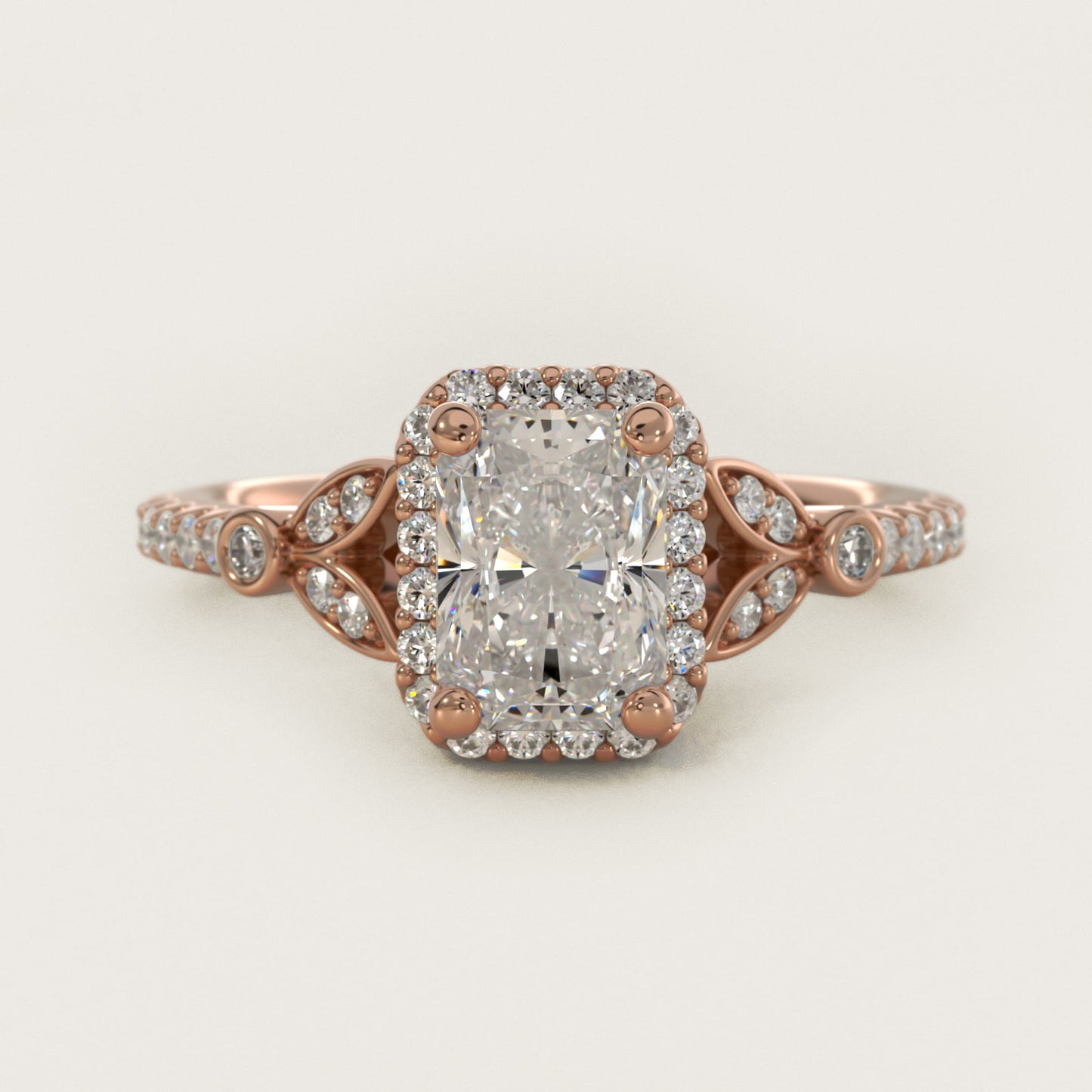 Petite Pav? Leaf Halo Diamond Engagement Ring in 18k Rose Gold (1/4 ct. tw.) - Radiant Center