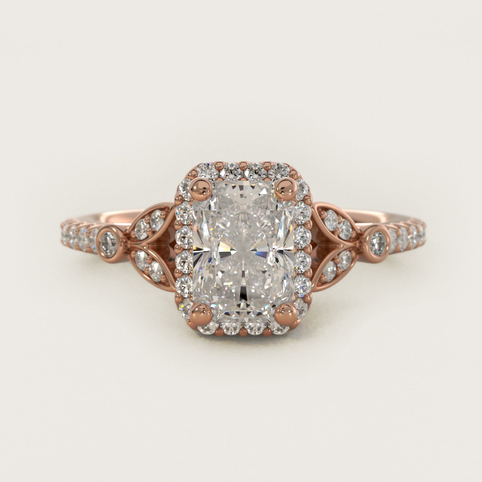 Petite PavŽ Leaf Halo Diamond Engagement Ring in 14k Rose Gold (1/4 ct. tw.) - Radiant Center