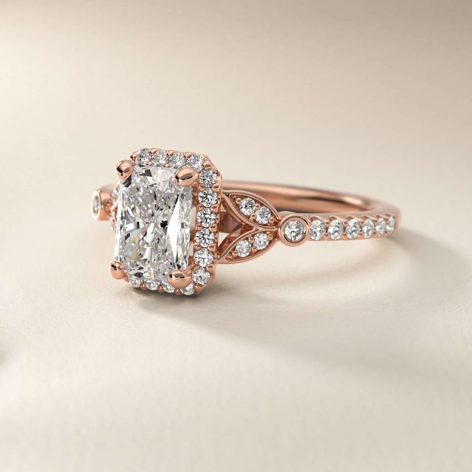 Petite PavŽ Leaf Halo Diamond Engagement Ring in 14k Rose Gold (1/4 ct. tw.) - Radiant Center