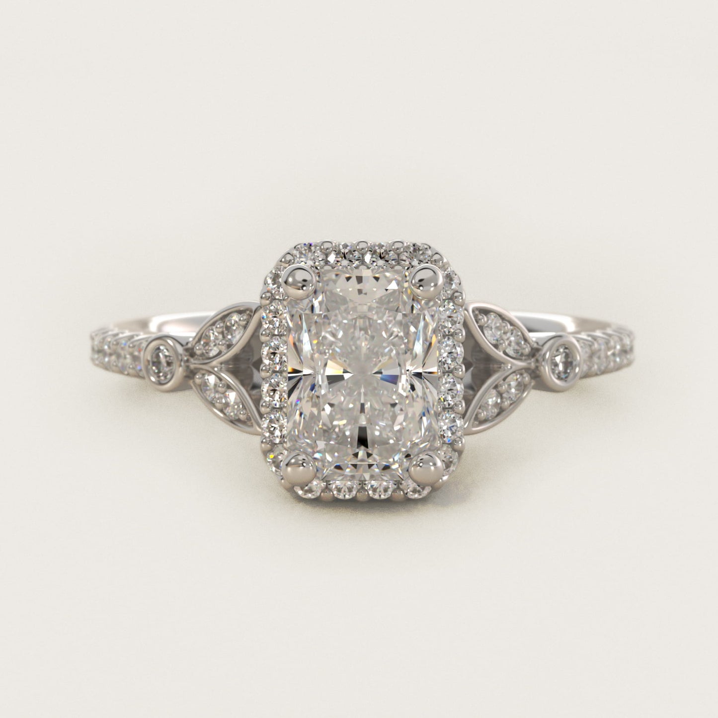 Petite PavŽ Leaf Halo Diamond Engagement Ring in 14k White Gold (1/4 ct. tw.) - Radiant Center