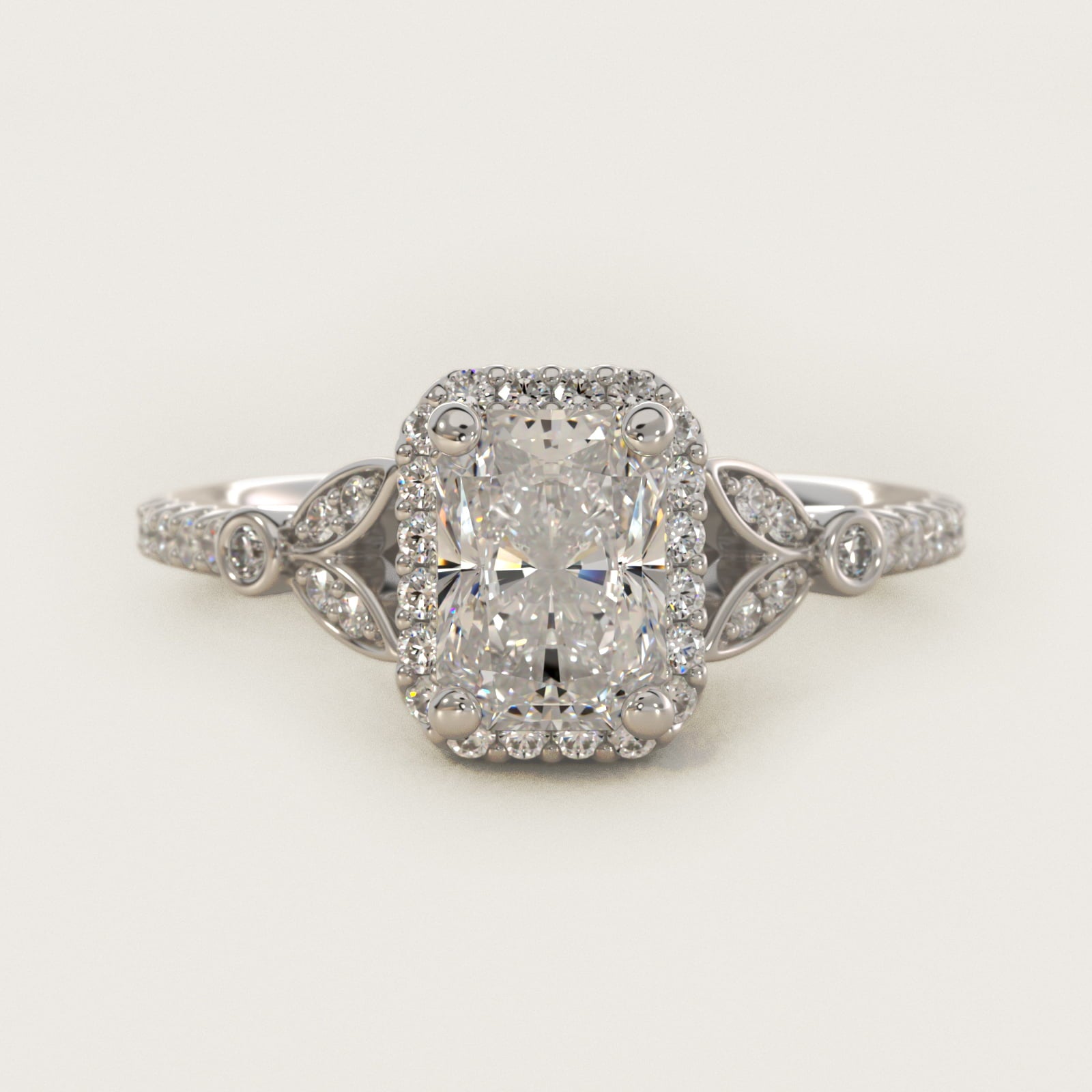 Petite Pav? Leaf Halo Diamond Engagement Ring in 18k White Gold (1/4 ct. tw.) - Radiant Center