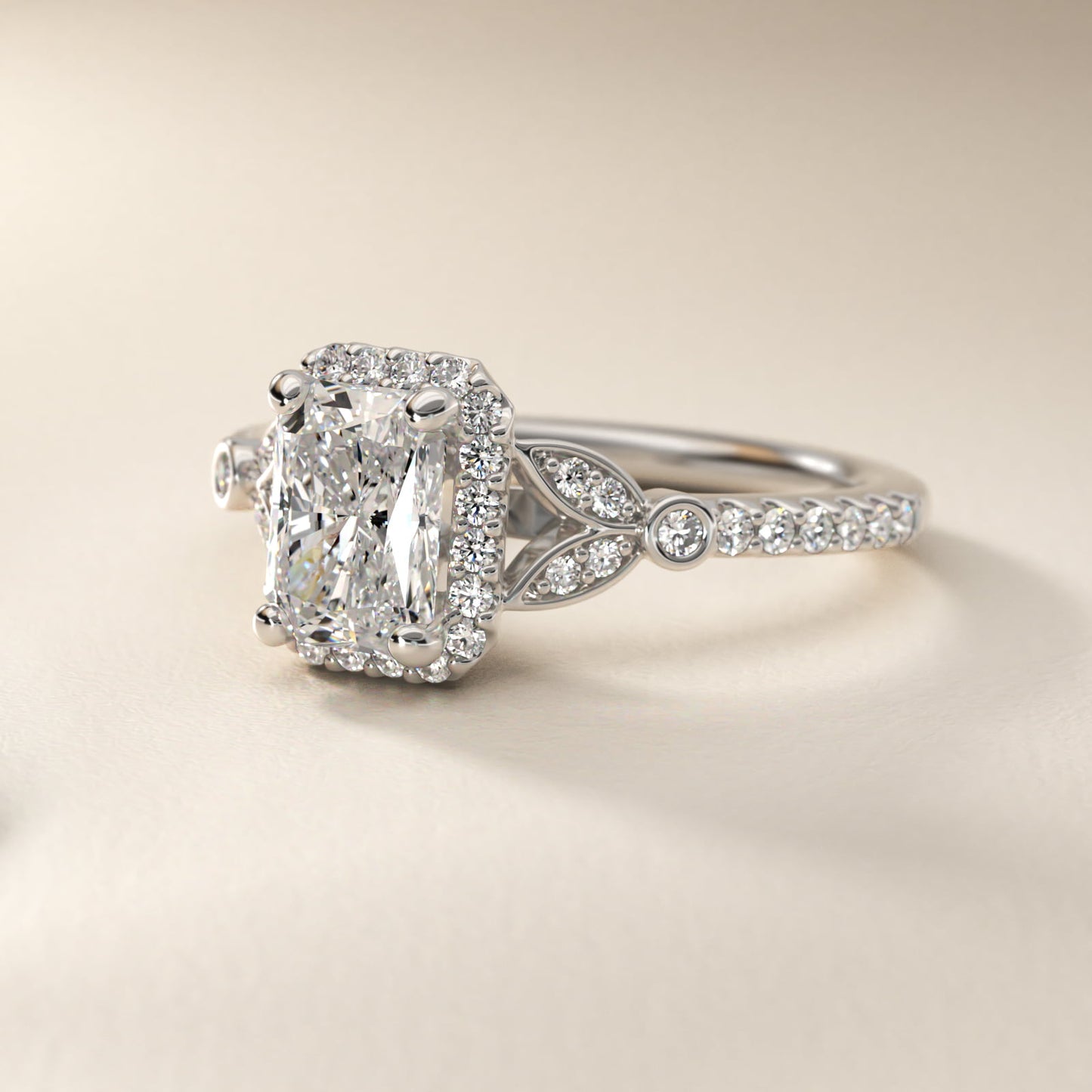 Petite Pav? Leaf Halo Diamond Engagement Ring in 18k White Gold (1/4 ct. tw.) - Radiant Center